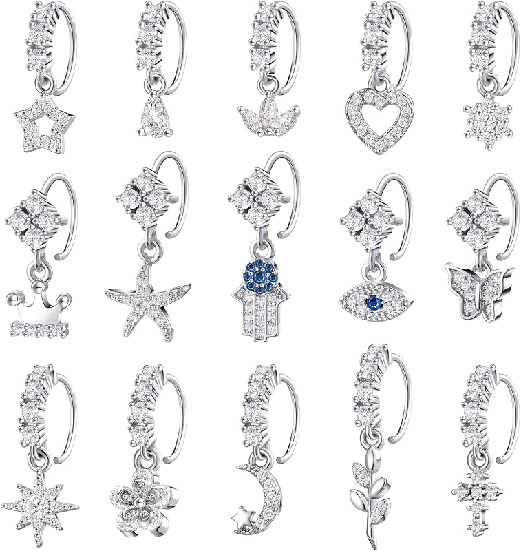 15 Pcs Dangle Nose Ring 20g Nose Ring Hoops Heart Flora Drop Star Cartilage Dangling Piercing Jewelry for Women Bulk Gifts
