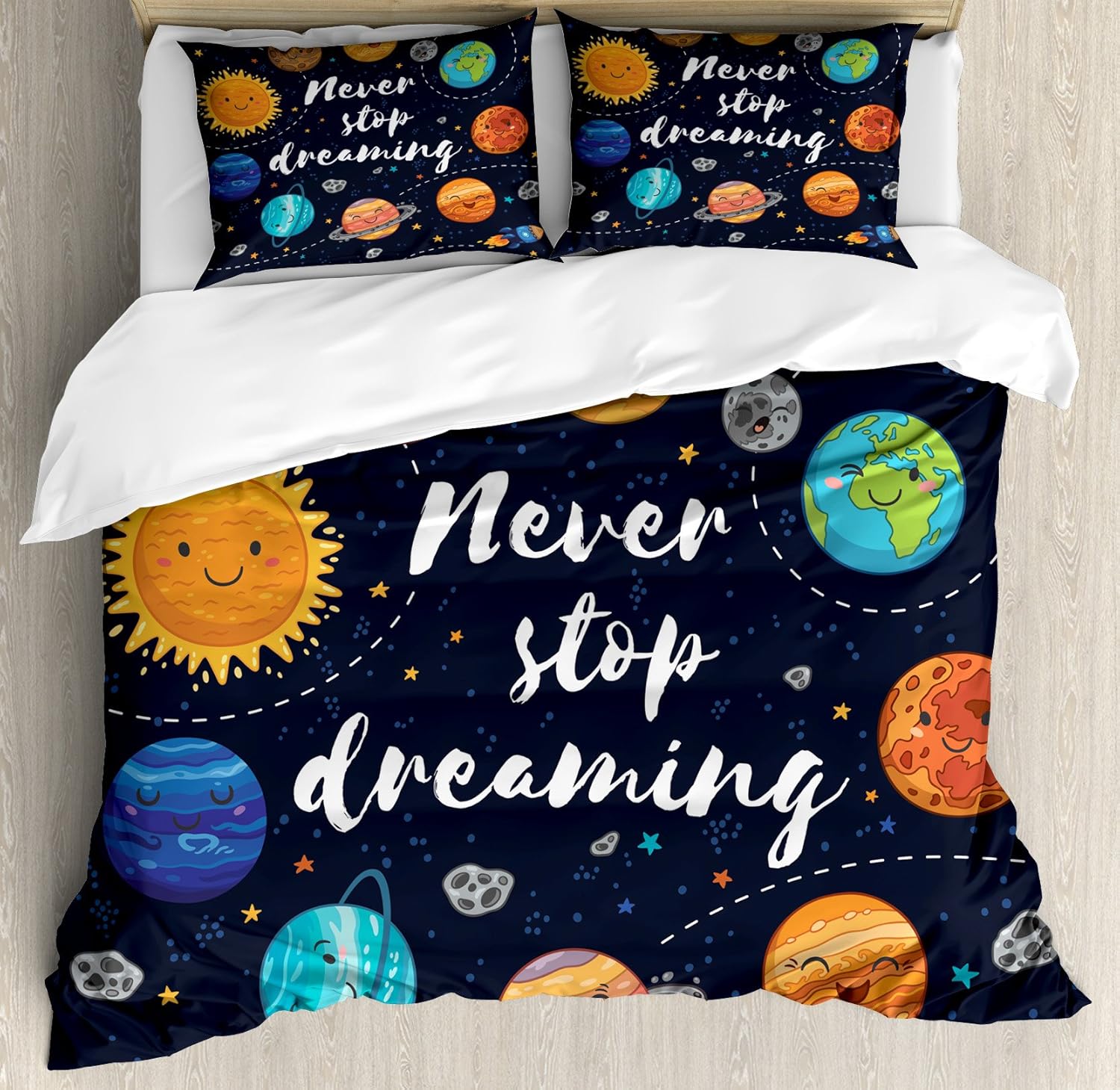 Ambesonne Saying Duvet Cover Set, Outer Space Planets Star Cluster Solar System Moon Comets Sun Cosmos Illustration, Decorative 3 Piece Bedding Set with 2 Pillow Shams, Queen Size, Navy Orange Queen Navy Orange