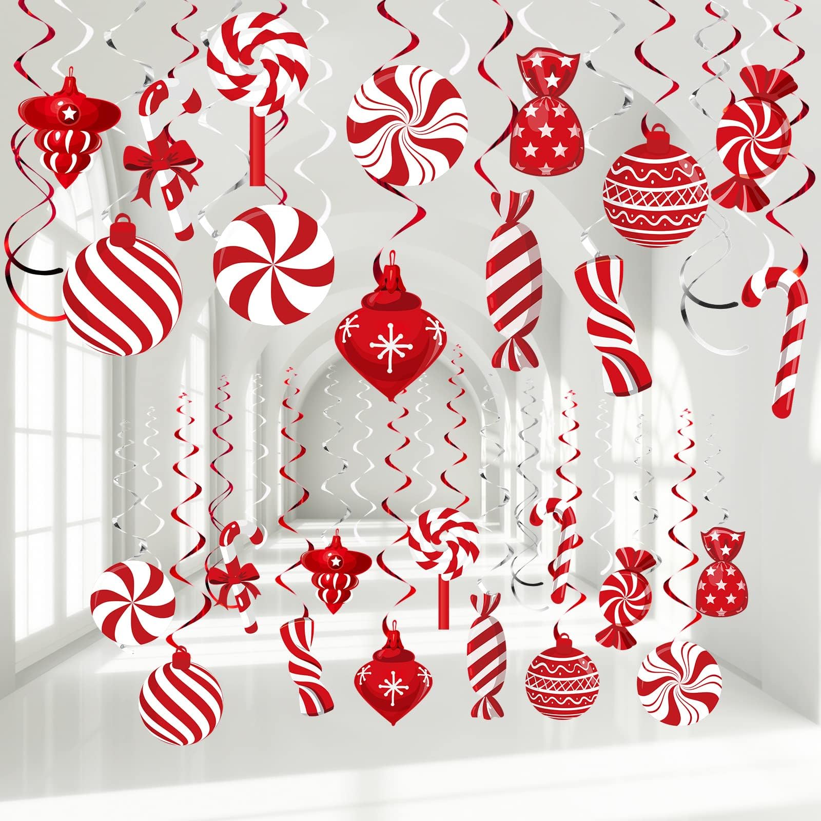 Funrous 56 Pcs Christmas Peppermint Candy Hanging Swirls Decorations Red and White Holiday Party Streamers for Home Winter Holiday Christmas Party Decor(Red White)