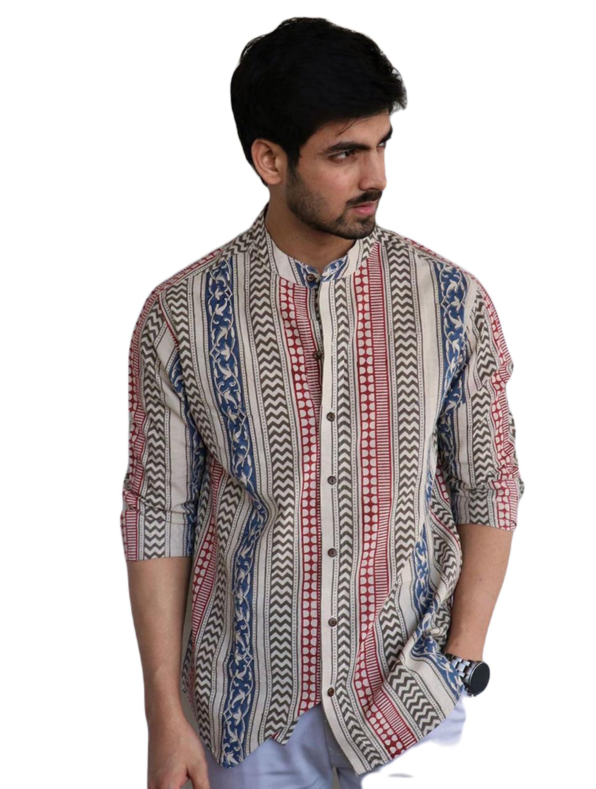 uptravi Men's Printed 100% Cotton Full Sleeve Regular Fit Mandarin Collar Casual Wear Short Kurta Shirt (V_7895_Multicolor_M)-picture-37