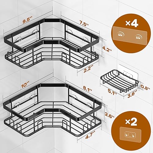 Miniatura 6 de MAXIFFE Paquete de 3 organizadores de ducha de esquina extragrande con soporte para jabón, gran capacidad, fácil de instalar, sin perforaciones,