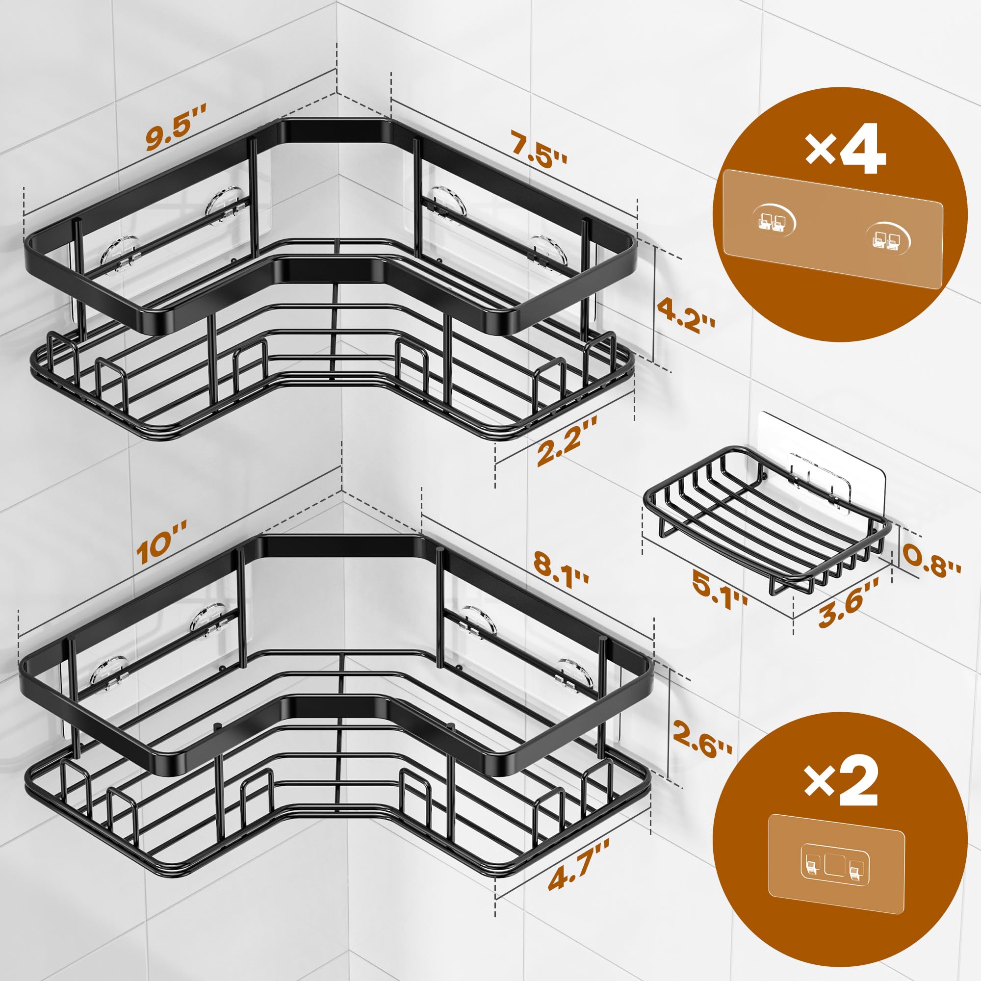 MAXIFFE 3 Pack X-Large Corner Shower Caddy with Soap Holder, Large Capacity Sturdy Easy Install No Drilling Stainless Steel Hold 40 LB Shower Organizer Shelves Rack for Family Renters Bathroom, Black