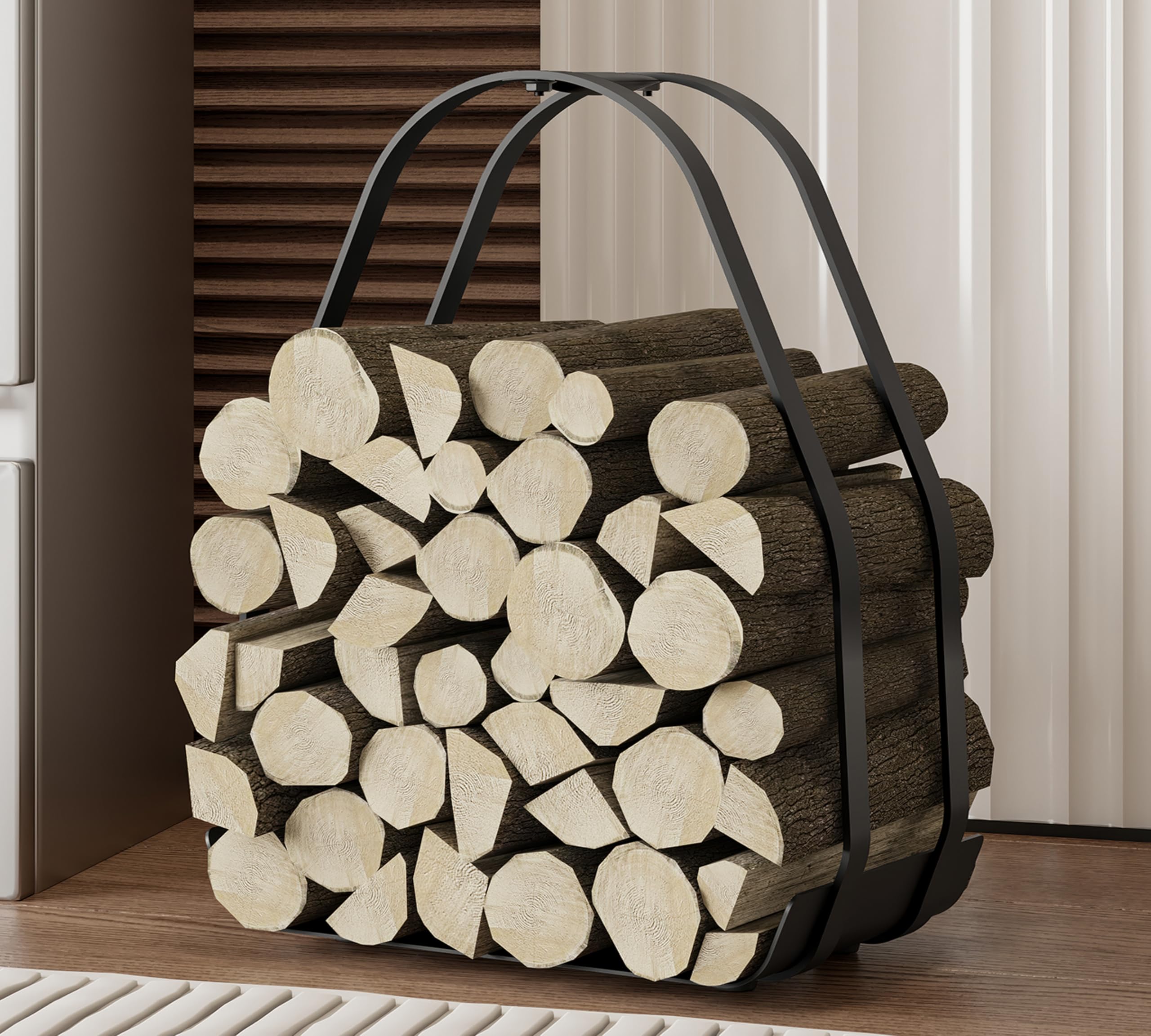 Kingson Kosz na drewno kominkowe – czarny metalowy pojemnik na drewno opałowe z powłoką proszkową z uchwytem – 36×35×48cm – żelazna rama i podstawa – płaskie opakowanie, wymagany montaż