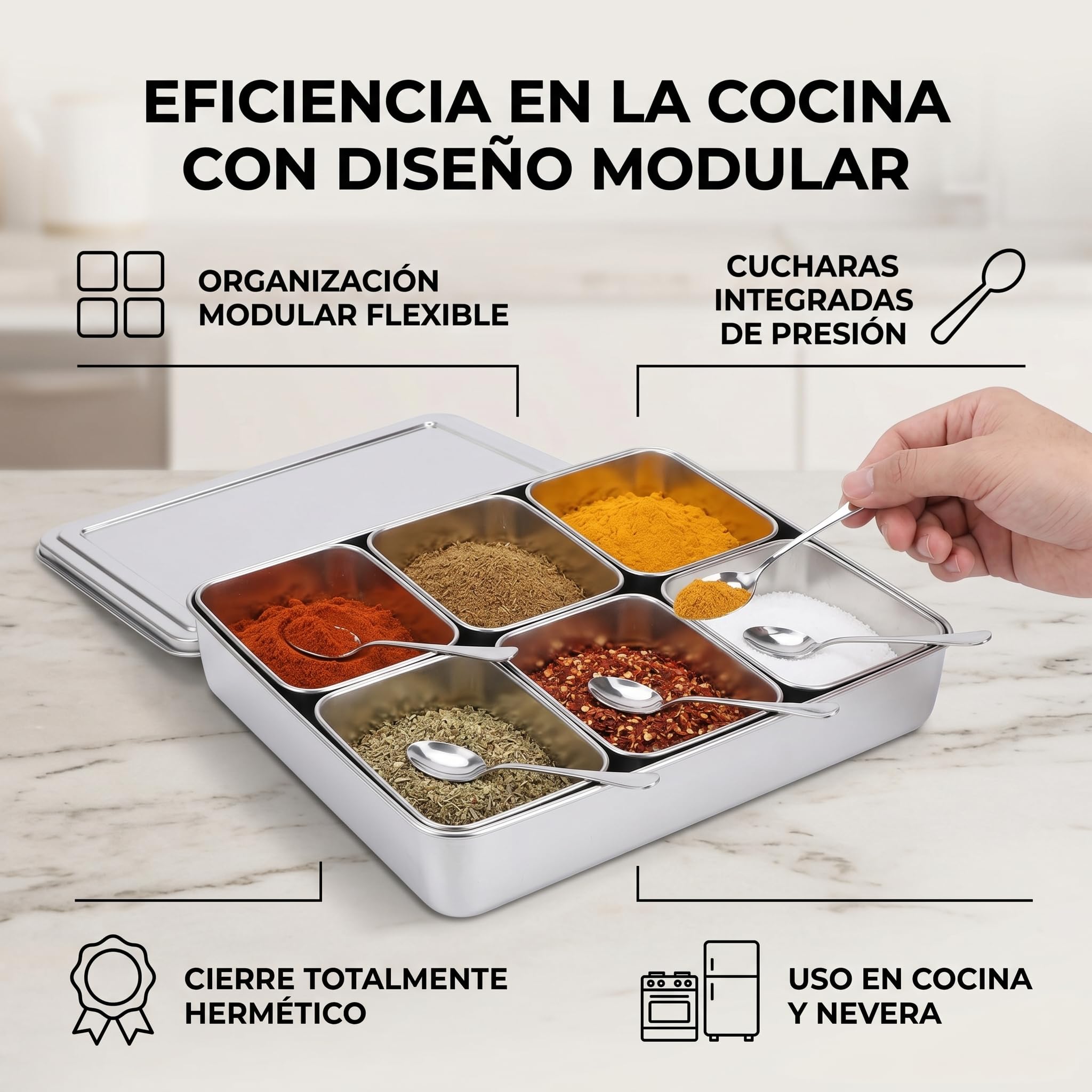 Haofy Caja de condimentos de acero inoxidable, contenedor de almacenamiento de condimentos con 6 rejillas, juego de contenedores de tarro de especias con cucharas, utensilios de cocina