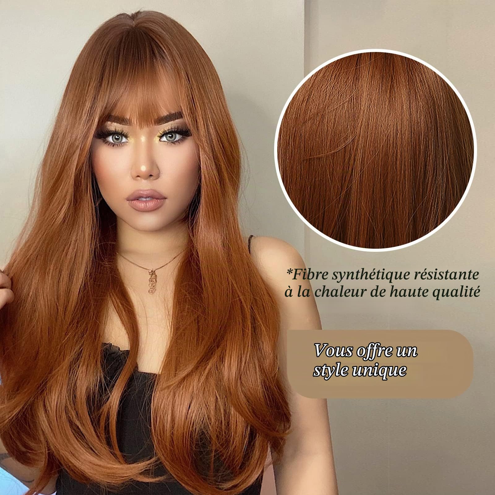 HARICUBE Perruques longues et raides Frange, synthétique naturel Résistantes à la chaleur (marron auburn)