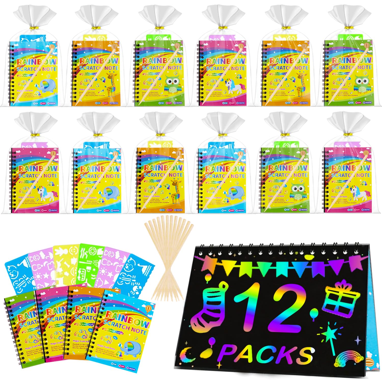 Aannanl Scratch Art for Kids - 12 Rainbow Scratch Paper for Kids,Arts and Crafts Kits,Scratch Art Book Party Bag Fillers,Birthday Gifts,Travel Toys Game,Airplane Activities for Boys and Girls