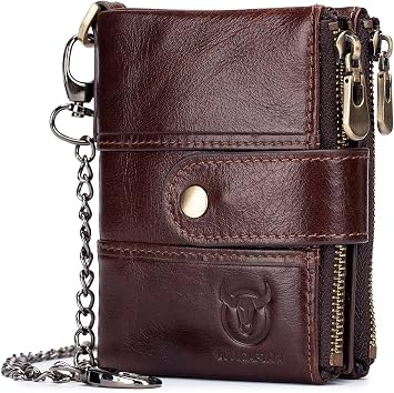 BULLCAPTAIN Genuine Leather Men Wallet with Anti Theft Chain Bifold RFID Blocking Wallets for Men Double Zipper Coin Purse with ID Window Brown