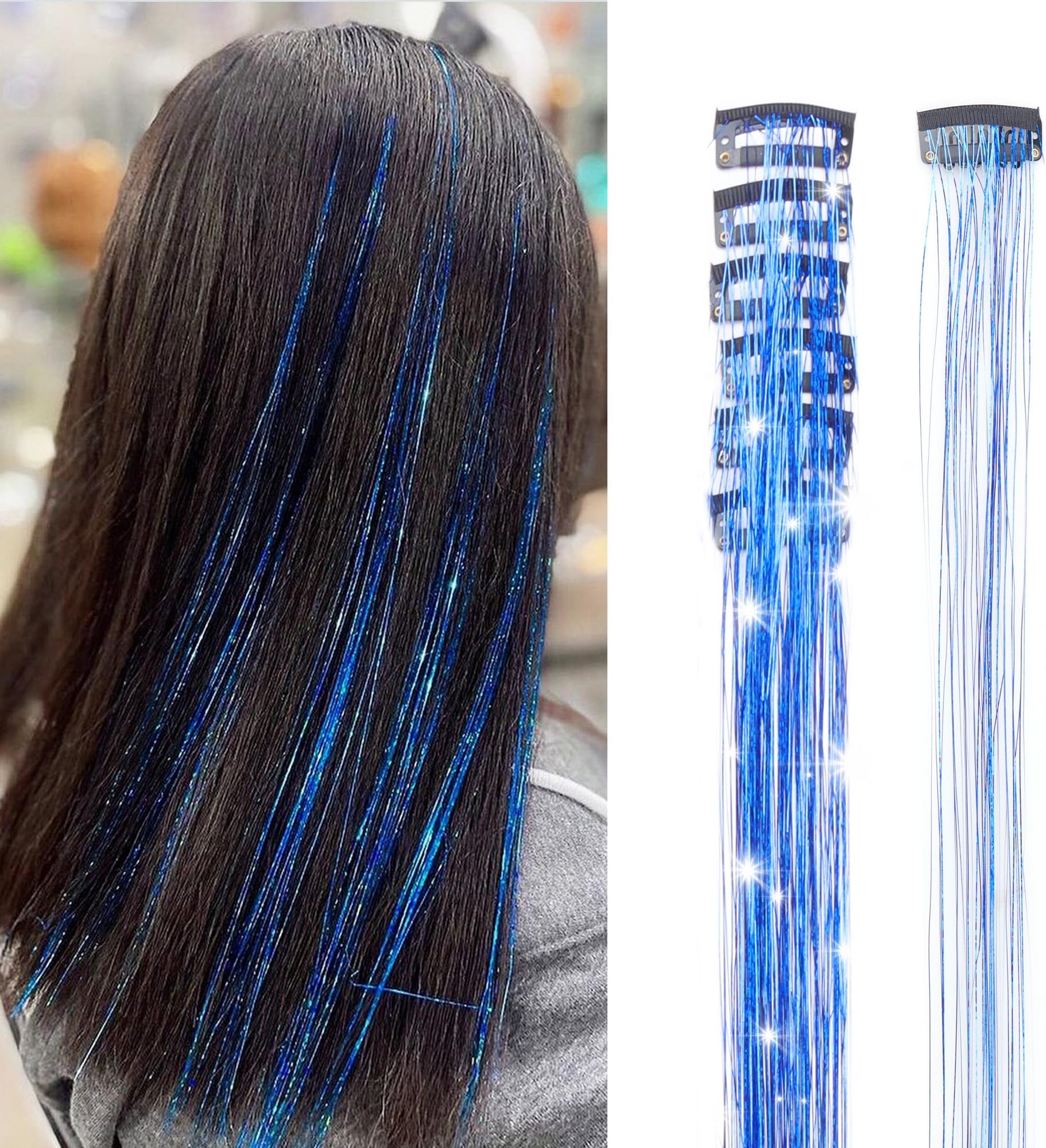 GOO GOOClip in Hair Tinsel 24 Inch-6pcs Blue Fairy Glitter, Heat Resistant Clip-In Sparkle Strands, Dazzling Glitter Tinsel for Women & Girls, Perfect for Parties, Christmas, New Year, Halloween