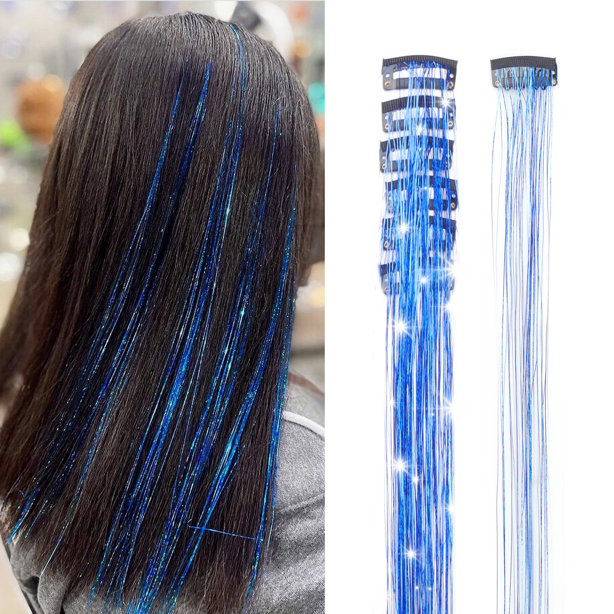 GOO GOOClip in Hair Tinsel 24 Inch-6pcs Blue Fairy Glitter, Heat Resistant Clip-In Sparkle Strands, Dazzling Glitter Tinsel for Women & Girls, Perfect for Parties, Christmas, New Year, Halloween