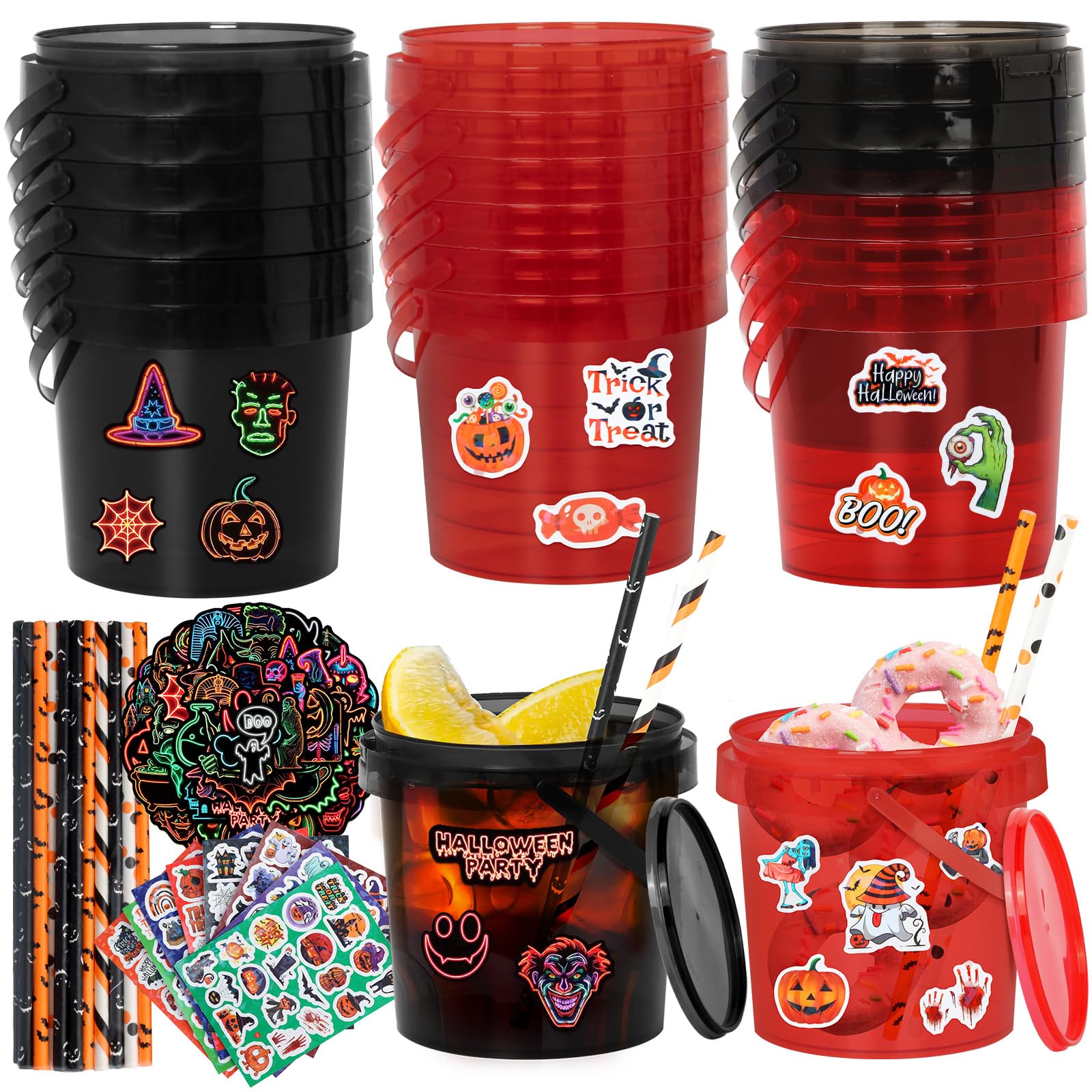 20 cubos de dulces de Halloween, cestas de truco o trato para niños, cubos de hielo de 32 onzas para fiestas con tapa, contiene 210 calcomanías de Halloween y 25 popotes para decoración de fiesta de