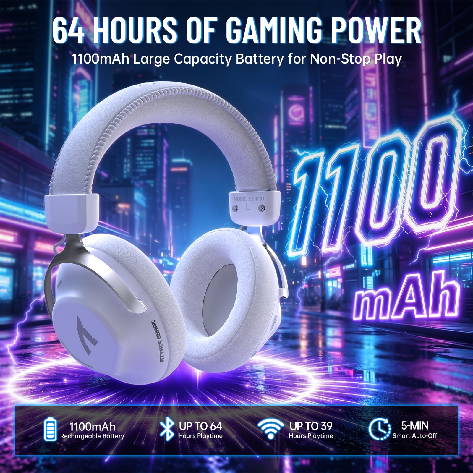 ATTACK SHARK L50PRO kabelloses Gaming-Headset, 7.1-Surround-Sound, EQ-Modi, 53-mm-Treiber, Tri-Mode-Konnektivität, 1100-mAh-Akku, Over-Ear-Headset mit abnehmbarem Mikrofon mit Geräuschunterdrückung