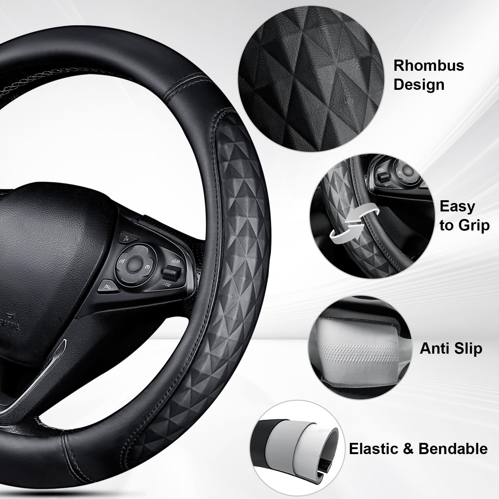 CAR PASS 3D Memory Foam Leather Car Steering Wheel Cover Set Comfortable Rhombus Leather Center Console Armrest Cushion — view 2