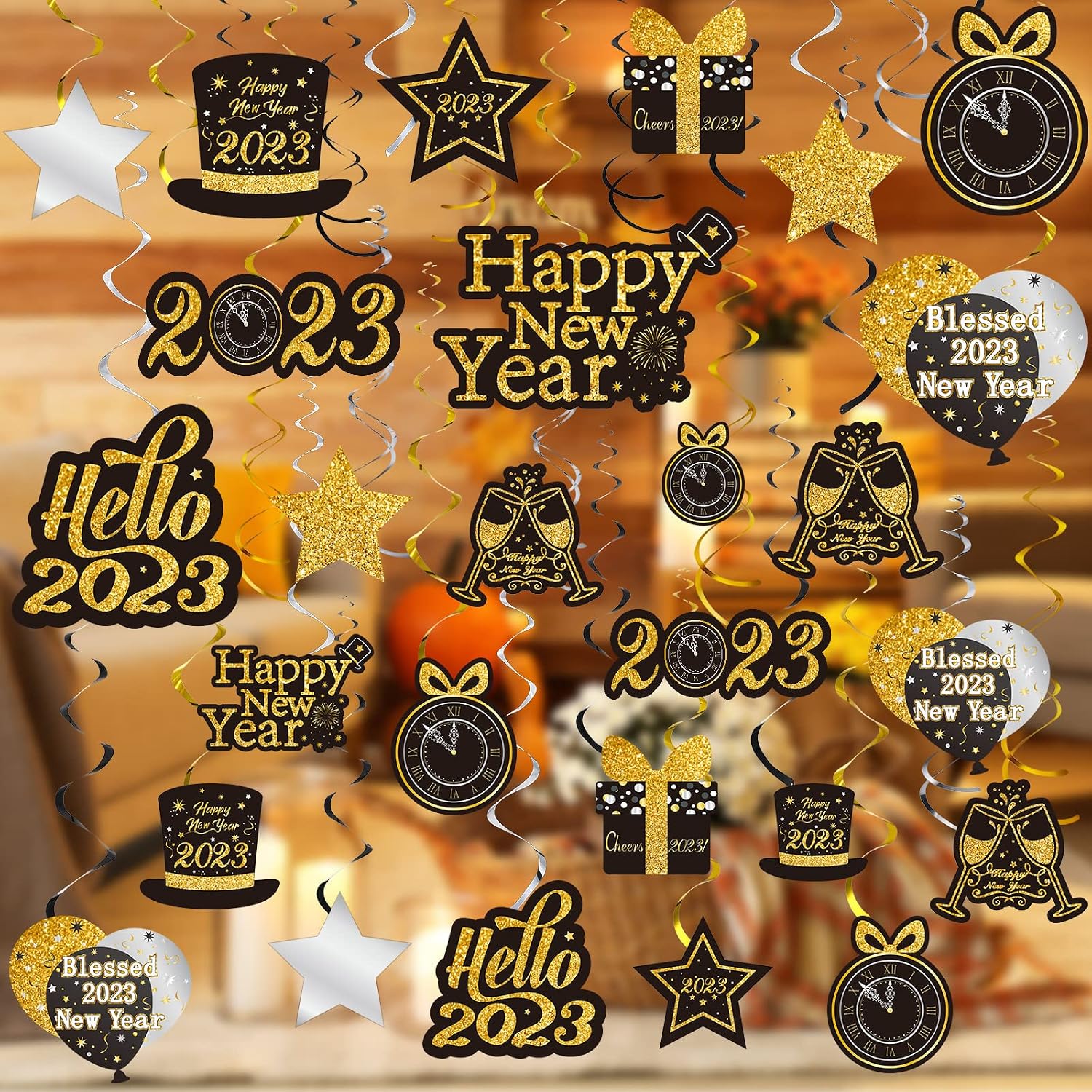 30 Pcs Happy New Year Hanging Foil Swirl Decorations 2023 New Year Eve Hanging Swirls Ceiling Decorations Black Gold New Years Hanging Decor for Indoor Outdoor Holiday Party Supplies(Blessed 2023)