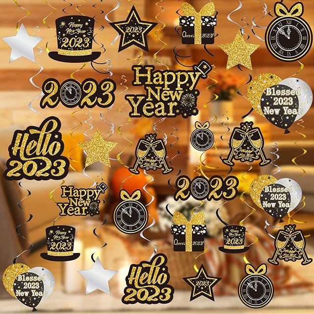 30 Pcs Happy New Year Hanging Foil Swirl Decorations 2023 New Year Eve Hanging Swirls Ceiling Decorations Black Gold New Years Hanging Decor for Indoor Outdoor Holiday Party Supplies(Blessed 2022)
