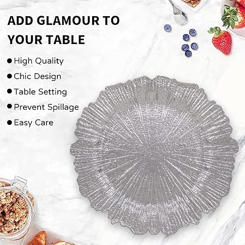 Miniatura 4 de MAONAME Platos redondos plateados de 13 pulgadas, cargadores de placa de arrecife, juego de 6, cargadores de mesa de plástico para platos de cena,
