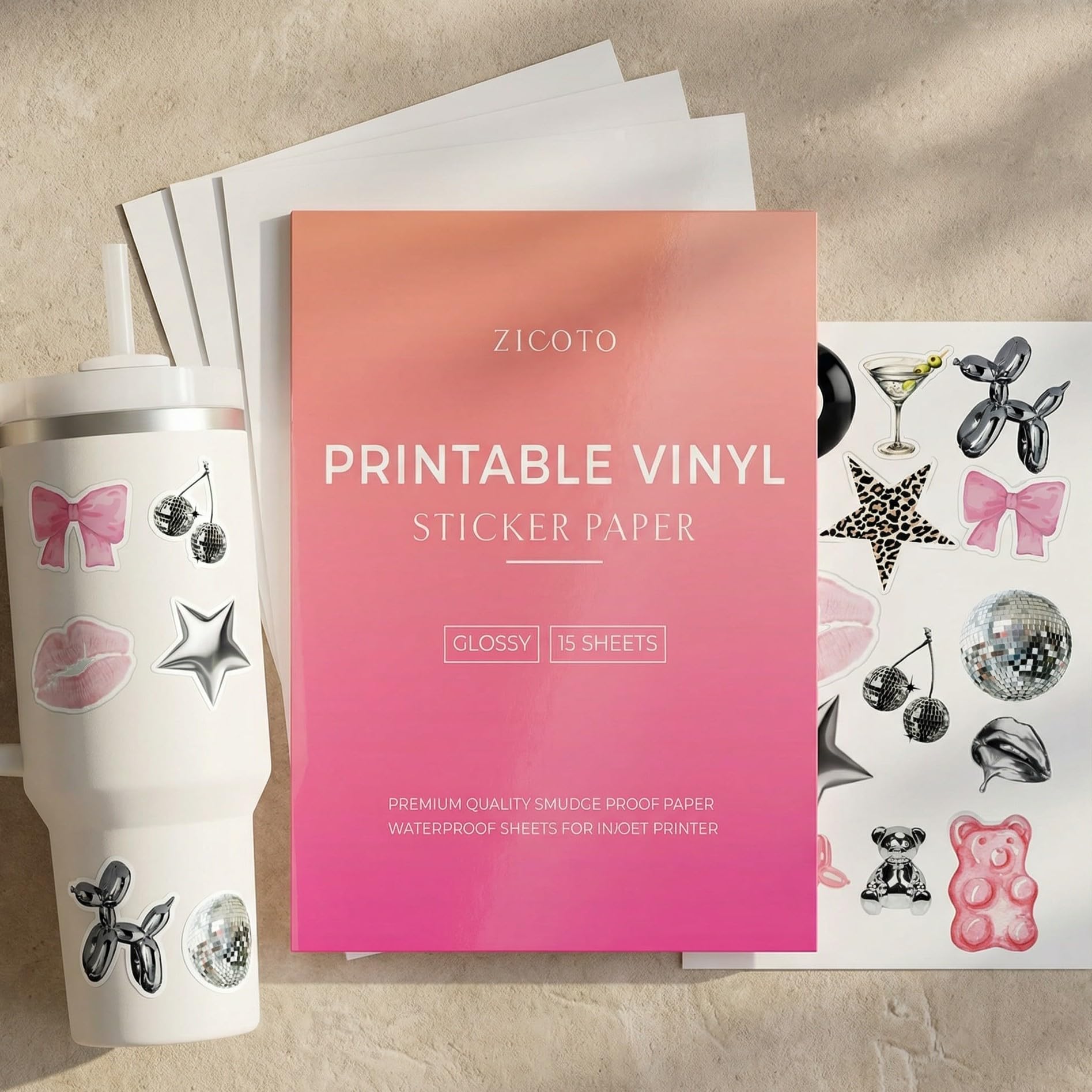 ZICOTO Premium Printable Vinyl Sticker Paper - Glossy White 8.5 x 11 inch Sheets for Your Inkjet Or Laser Printer - 15 Waterproof Decal Paper Sheets