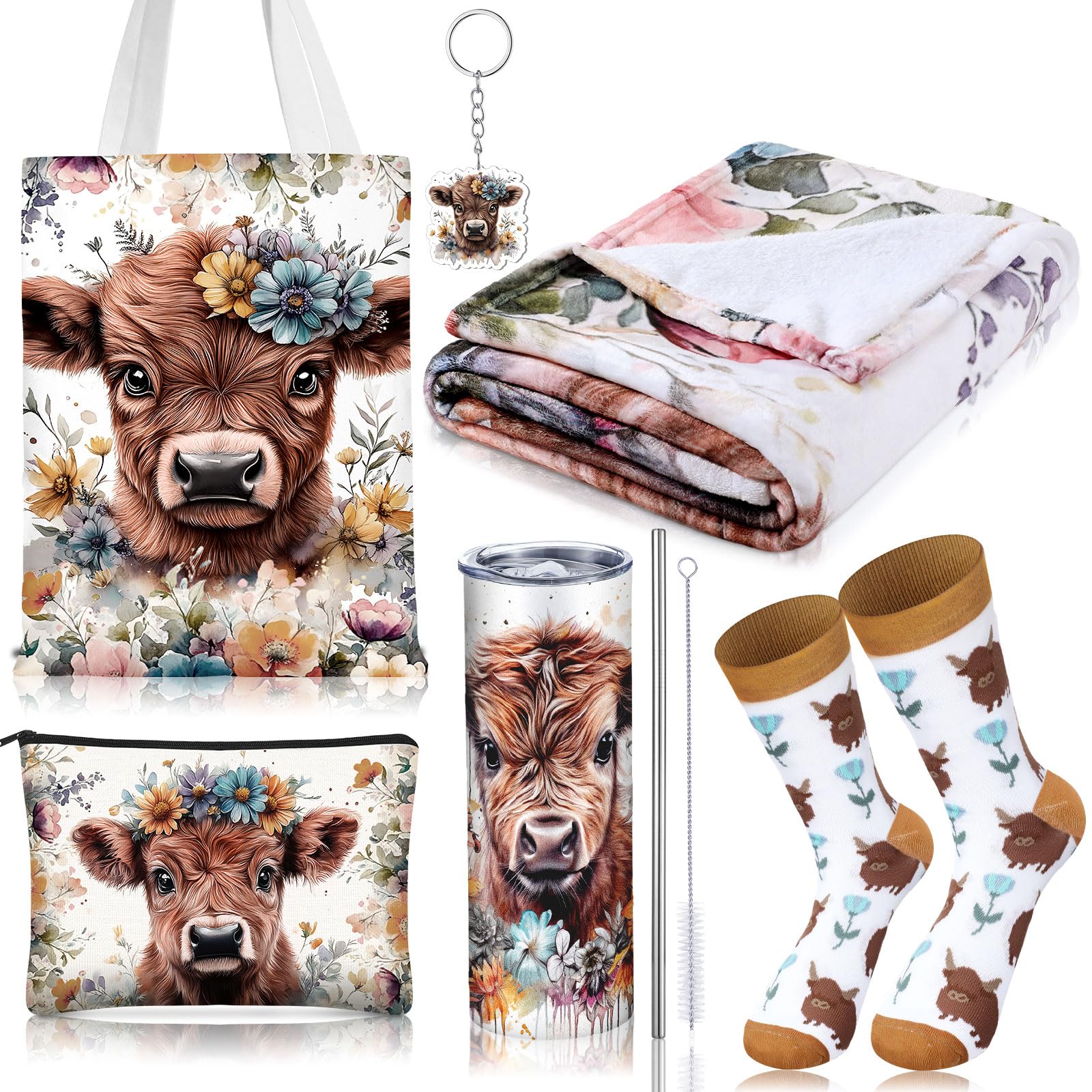 Tiangrid 6 Pcs Highland Cow Gifts for Women Include 20 oz Stainless Steel Tumbler with Lid and Straw Cosmetic Bag Throw Blanket Keychain Socks Handbag