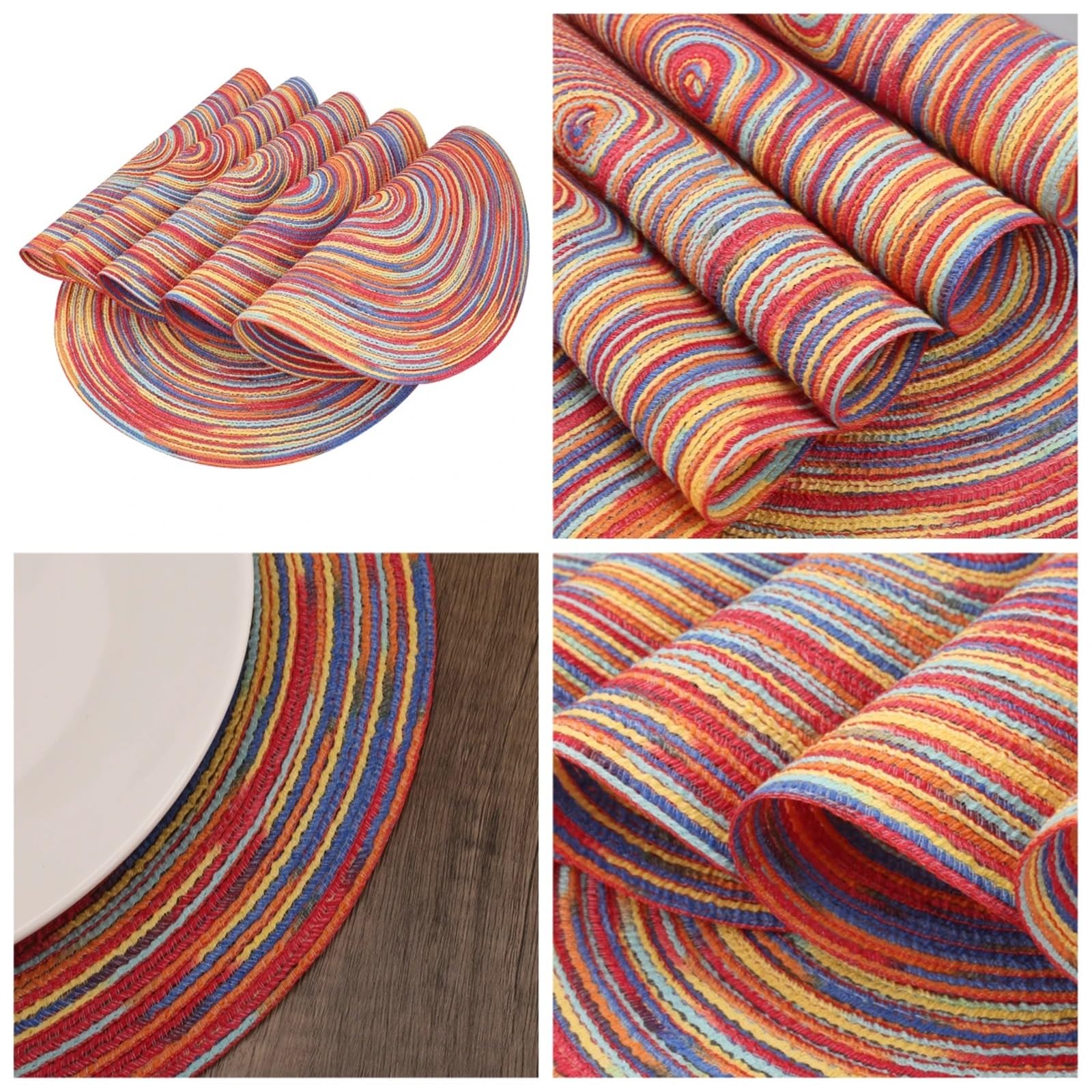 Set De Table Tressé Rond Napperon en Coton tissé Rond, 34/38cm, Tapis de Table résistants à la Chaleur, sous-Verres lavables(Rainbow Grey,Set of 6)