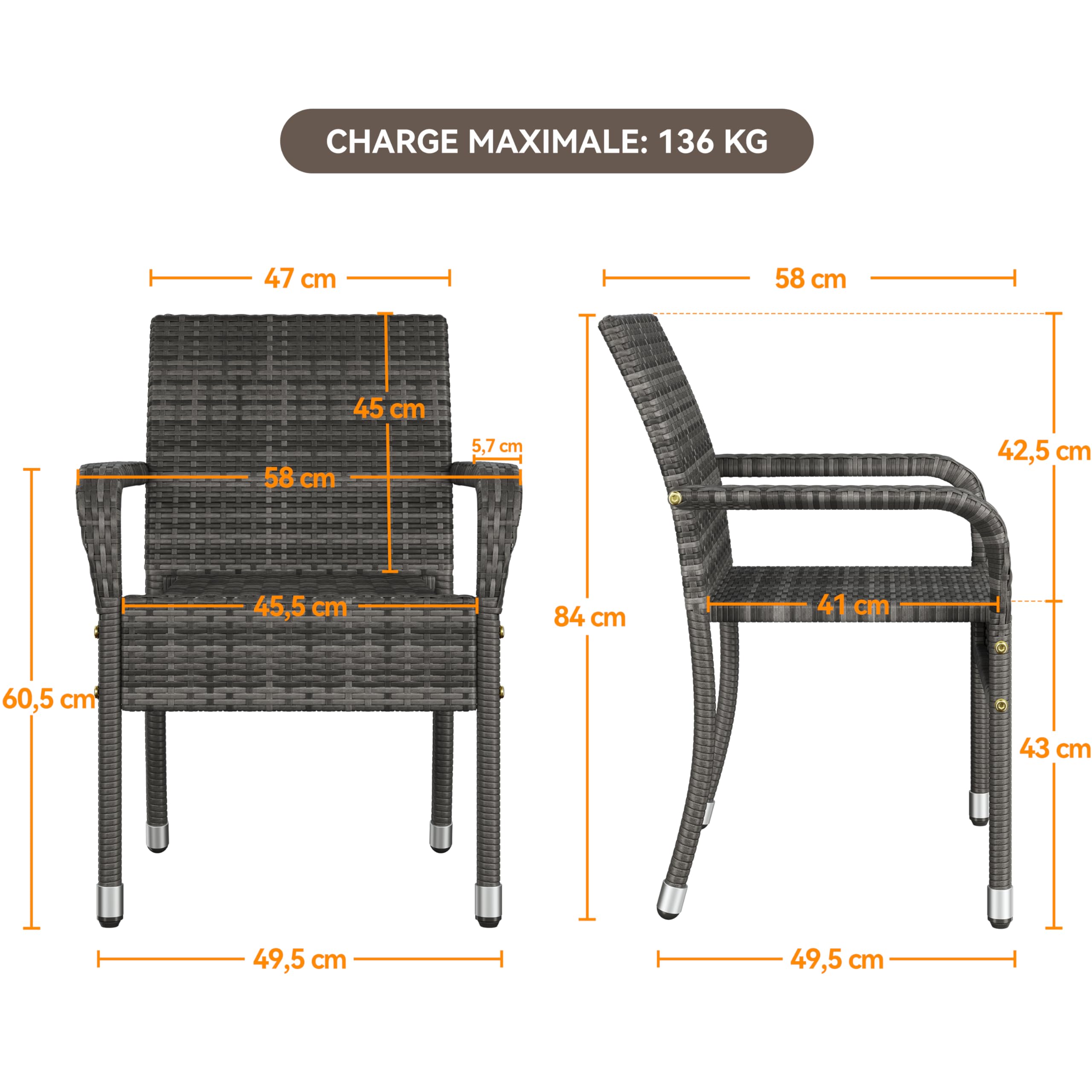 Abician Lot de 6 Chaises de Jardin en Rotin Synthétique Fauteuils Empilables d'Extérieur avec Accoudoirs Cadre en Métal Terrasse Véranda Balcon Salon Salle à Manger Gris