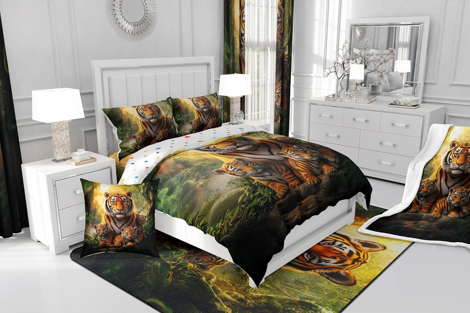 Castle Fairy Jungle Tiger Family Comforter Full,Animal King Wildlife Tropical Plants Quilt Comforter with 2 Pillowcases,Safari Animal Yellow Black Stripes Bedding Set Comfortable,Soft and Breathable - Image 6