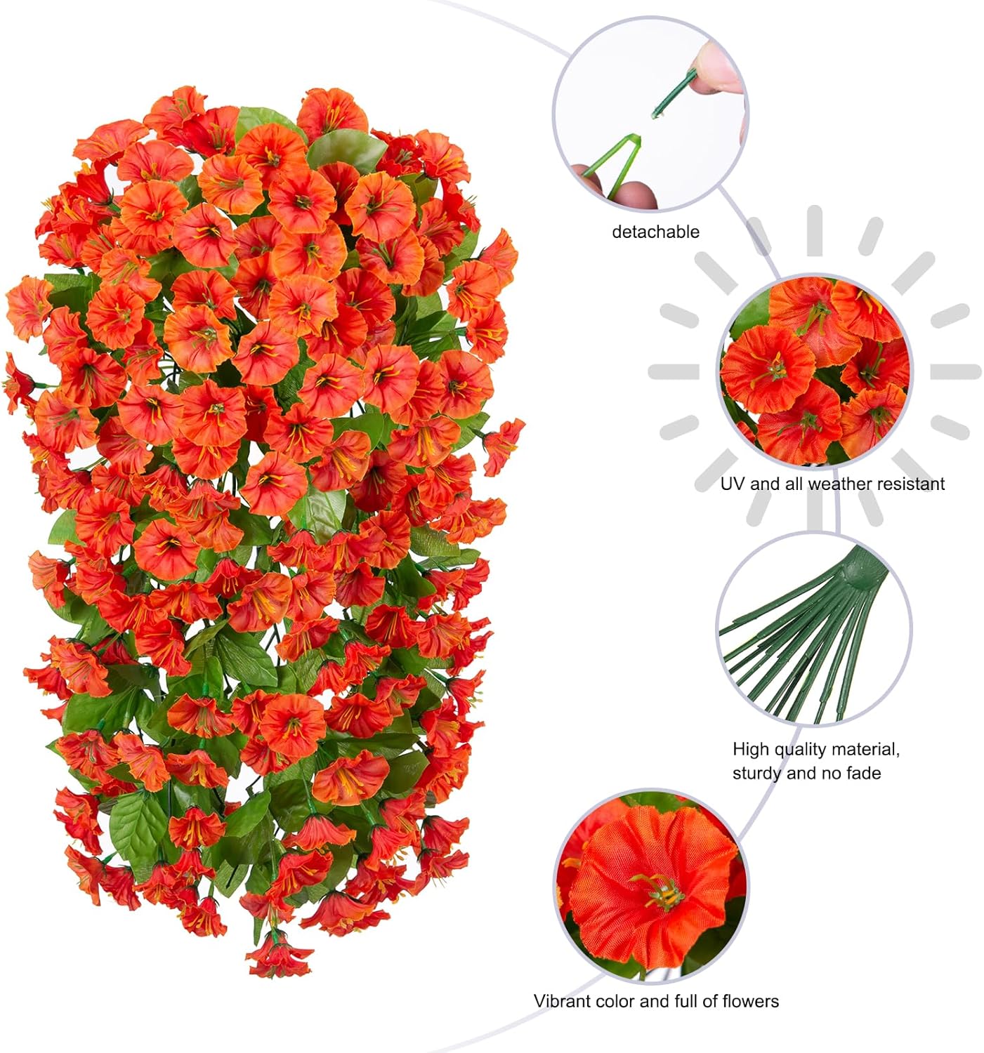 Artificial Fake Fall Hanging Flowers Plants for Outdoor Outside, 2 PCS Faux Silk Orange Morning Glory Trailing Vines Look Real UV Resistant for Autumn Porch Planter Patio Decor - Image 3