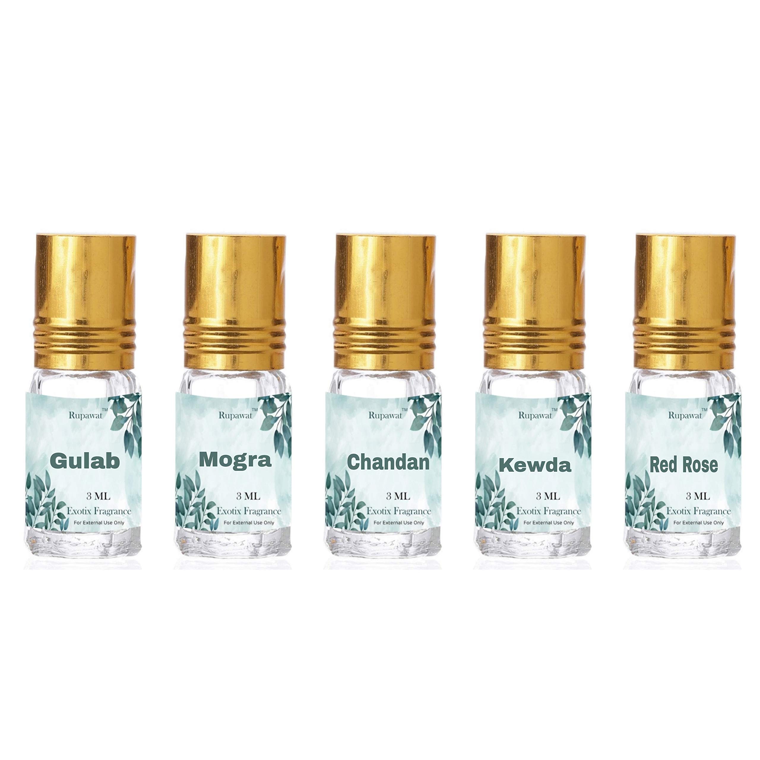 Exotix Fragrance Premium Gulab, Mogra, Chandan, kewda and Red Rose Perfect combo of 5 attar a perfect combo