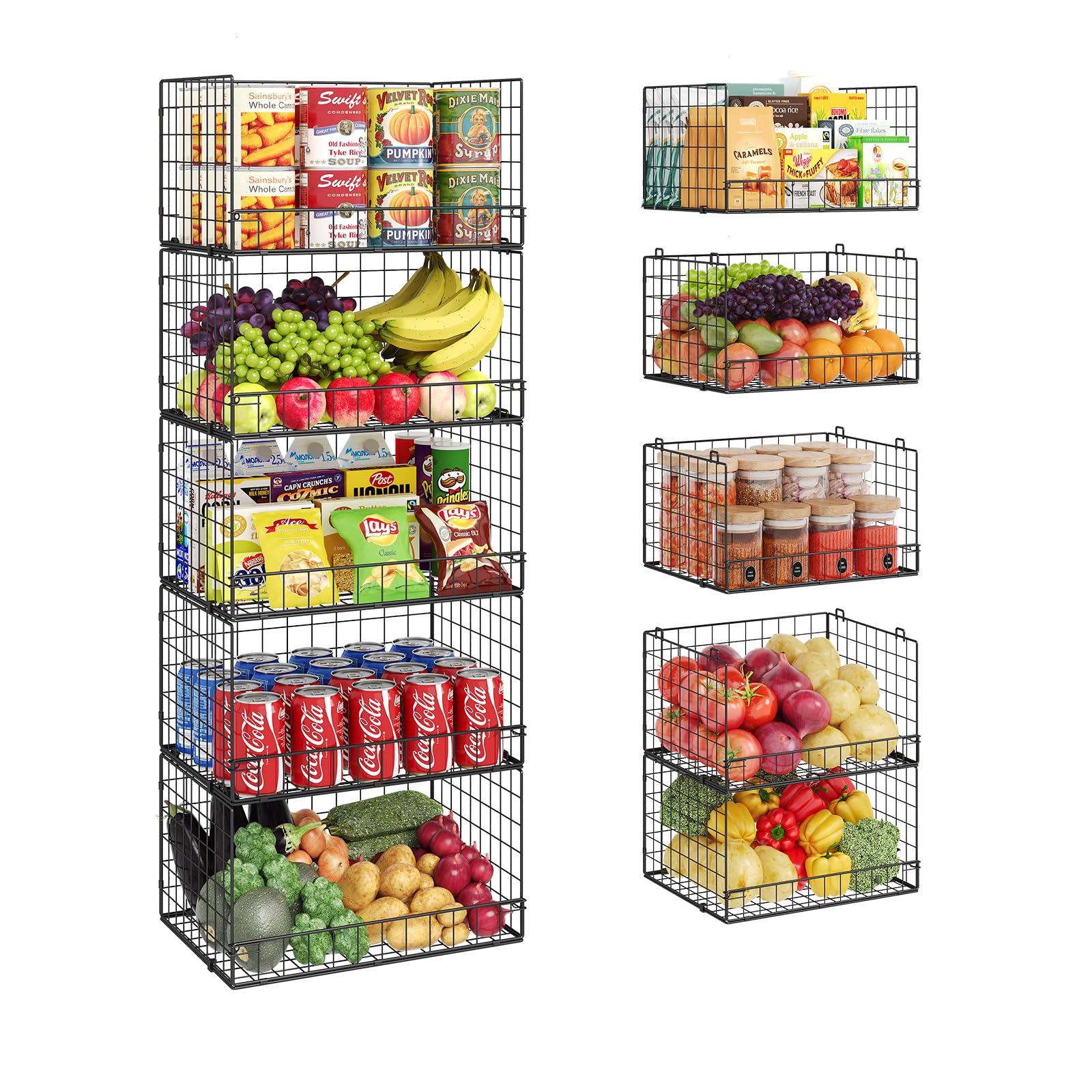 5 Pack Stackable Wire Baskets for Pantry Organizers and Storage, Large Pantry Baskets for Snack Organizer, Foldable Metal Storage Bins for Organizing Snack Can Fruit Vegetable & Toy