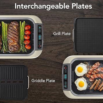 OVENTE Smokeless Indoor Grill, 1500W Non Stick Coating Plate, White SGR85W | Korean Style BBQ with One-Touch Control, Smart Display, Tempered Glass Lid, Two Removable Plate and Dishwasher Safe Plates