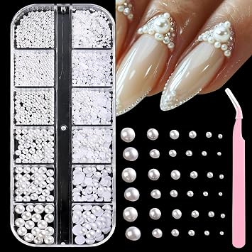 Nail Pearls Beads, Flat Back Pearls for Crafting, 12 Grid Pearl Nail Charms Gems Mixed Sizes DIY Pearl Rhinestones Nail Art Design Decoration Manicure Supplies with Tweezer