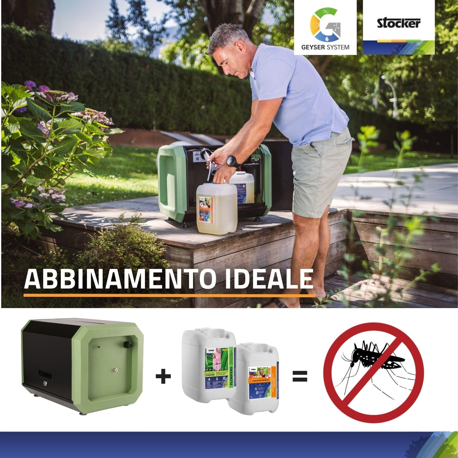 STOCKER - Kit Geyser Pro Completo 41502 - Sistema Antizanzare Automatico WiFi 240W 12 Bar, Copertura fino a 970 m² Estendibile a 3600 m², 125 m Tubo, 10 L Liquidi, Alimentazione 220V