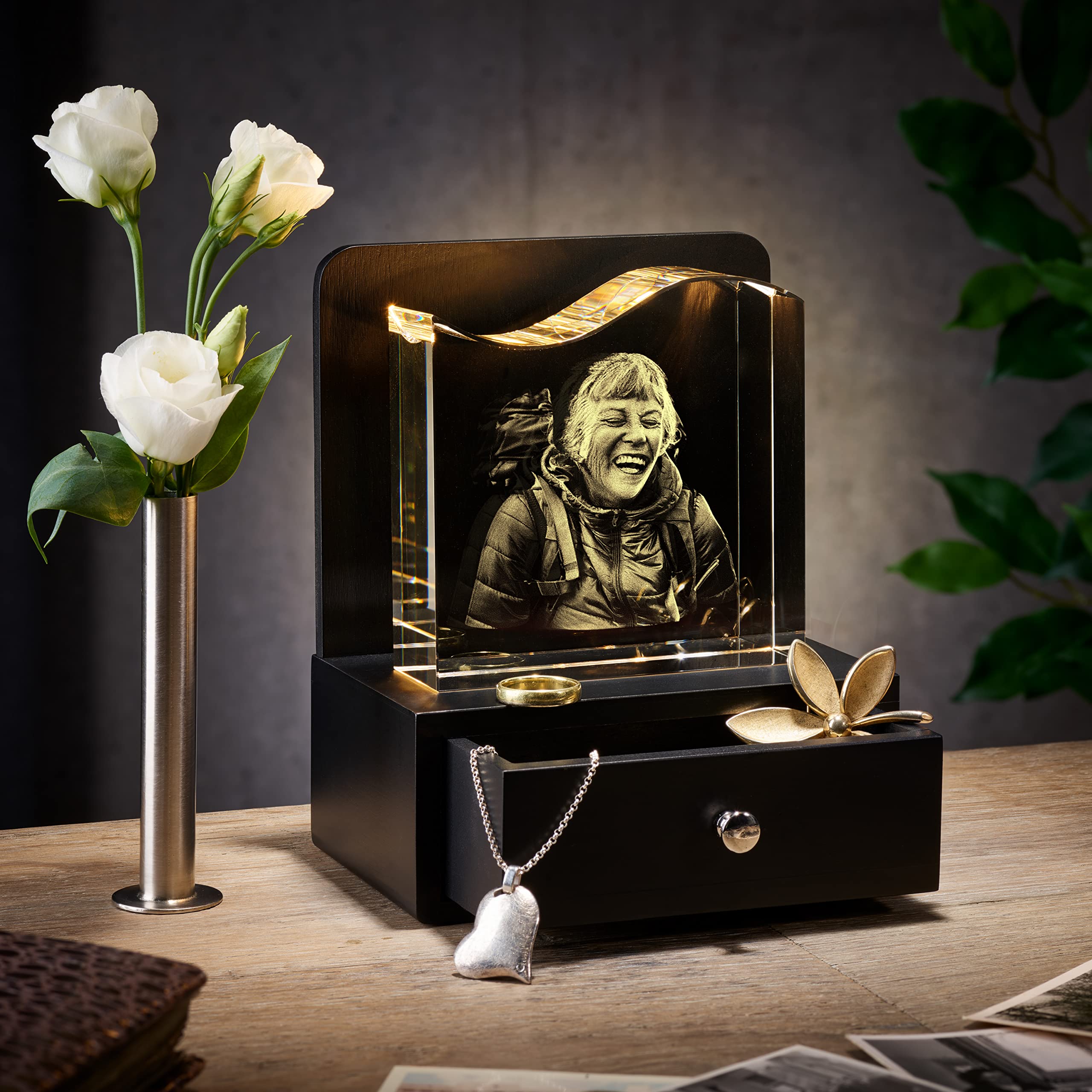 Memory-Keeper Trauer-Geschenk | Erinnerung-Box | Glas-Foto in 3D | Gedenk-Kristall | Trauer-Box | Trost-Schublade| Glas-Bild | Foto-Gravur