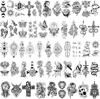 HOWAF 52 Sheets Black Tiny Temporary Tattoos for Women Men Kids Arm Neck Fake Tattoos Waterproof Butterfly Stickers Skull Snake Tattoo Stickers Realistic Temporary Tattoo Sticker Set Body Art Sticker
