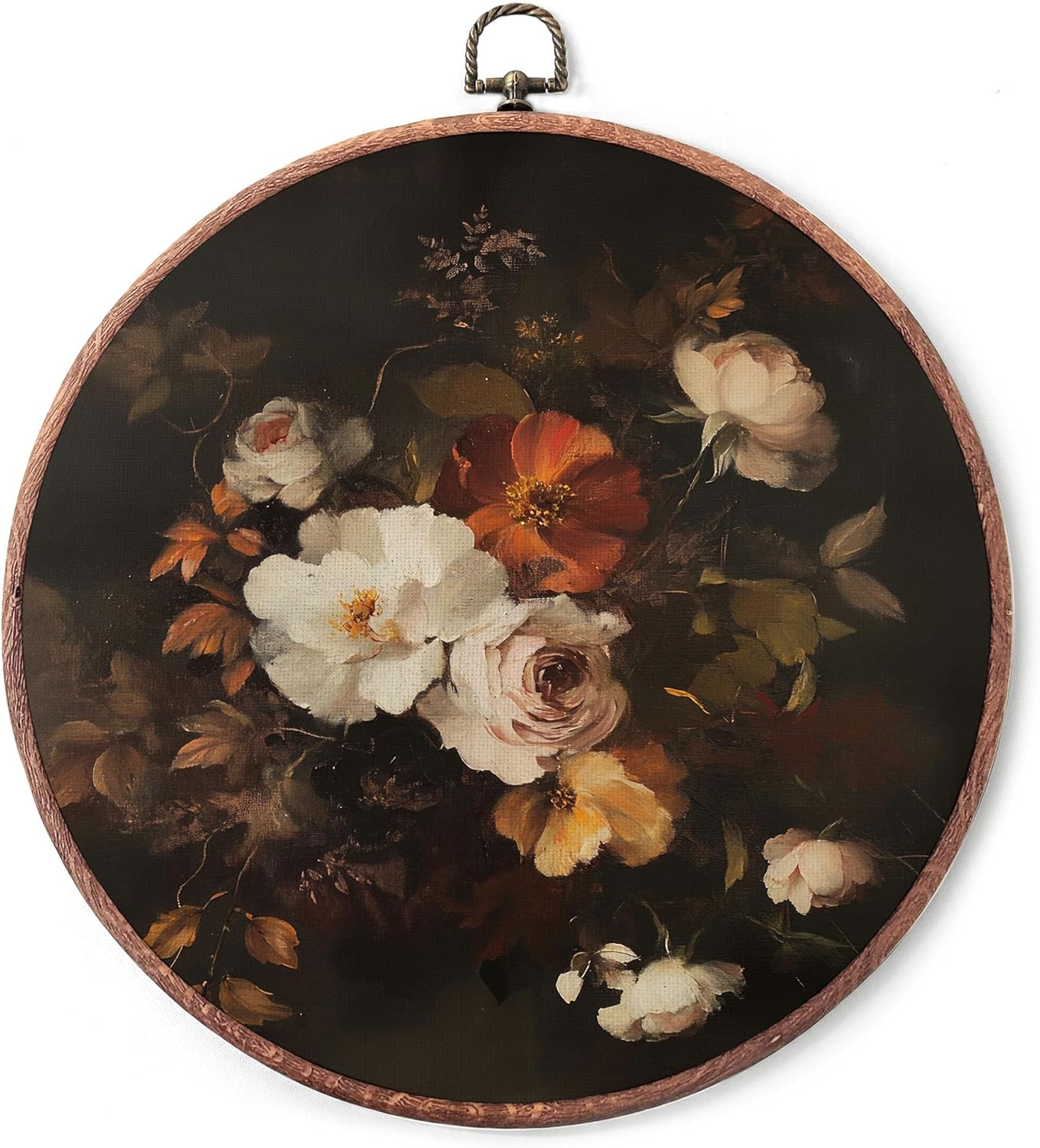 IDUXIY Vintage Floral Wall Art Decor, Dark Boho Farmhouse Flower Canvas Print Round Wall Hanging Decor, Framed, 10x10 Inch.(002) Dark Boho Farmhouse Flower 2