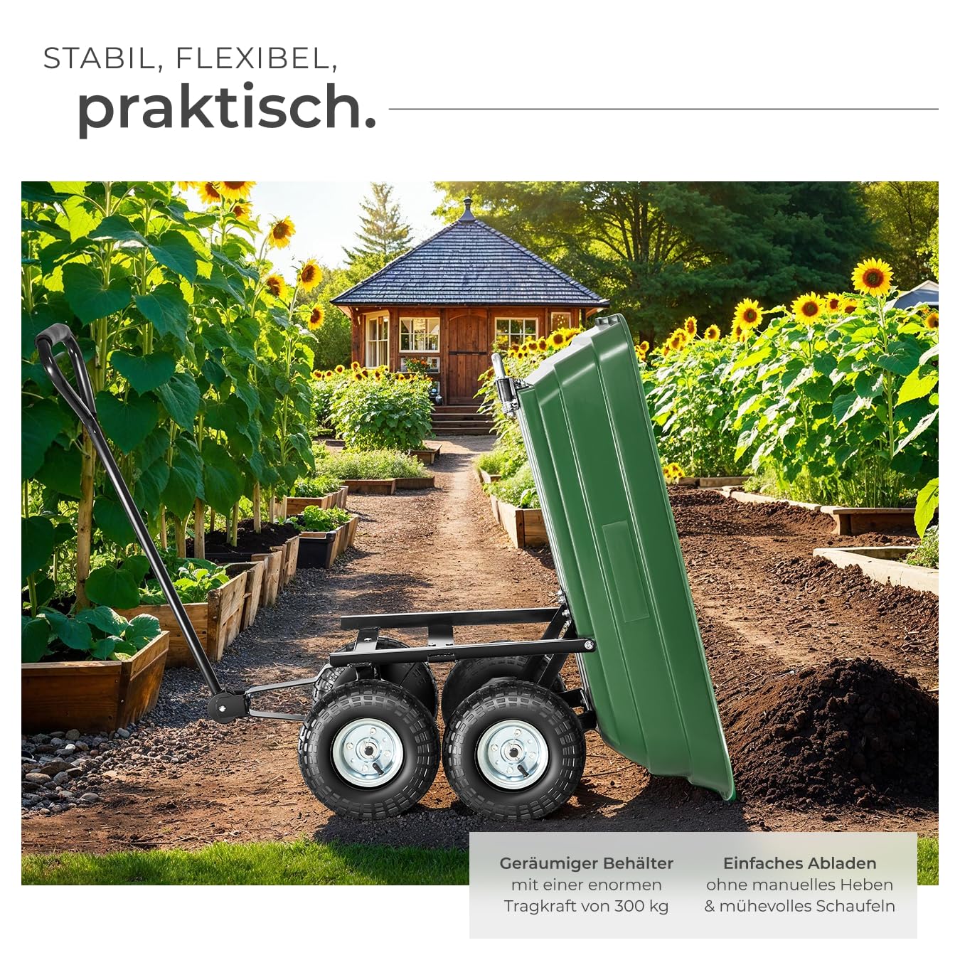 tectake® Bollerwagen, Handwagen, Transporter mit Kippfunktion, Rollwagen mit Lenkachse, Trolley, als Einkaufswagen, Bastelwagen, Transportkarre, Gartenwagen, Einkaufstrolley - Belastbarkeit 300kg