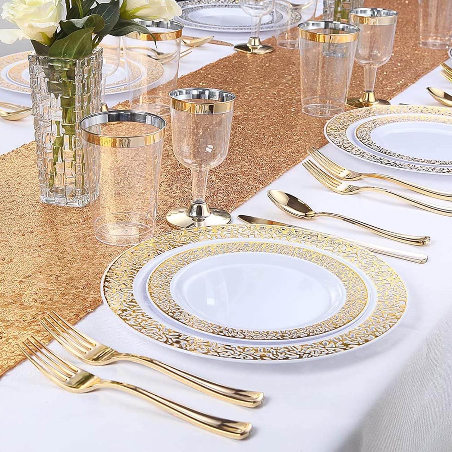 Efavormart 48 Pack Metallic Gold Heavy Duty Plastic Silverware Set, Disposable Cutlery Utensil Set - 7" and 8"