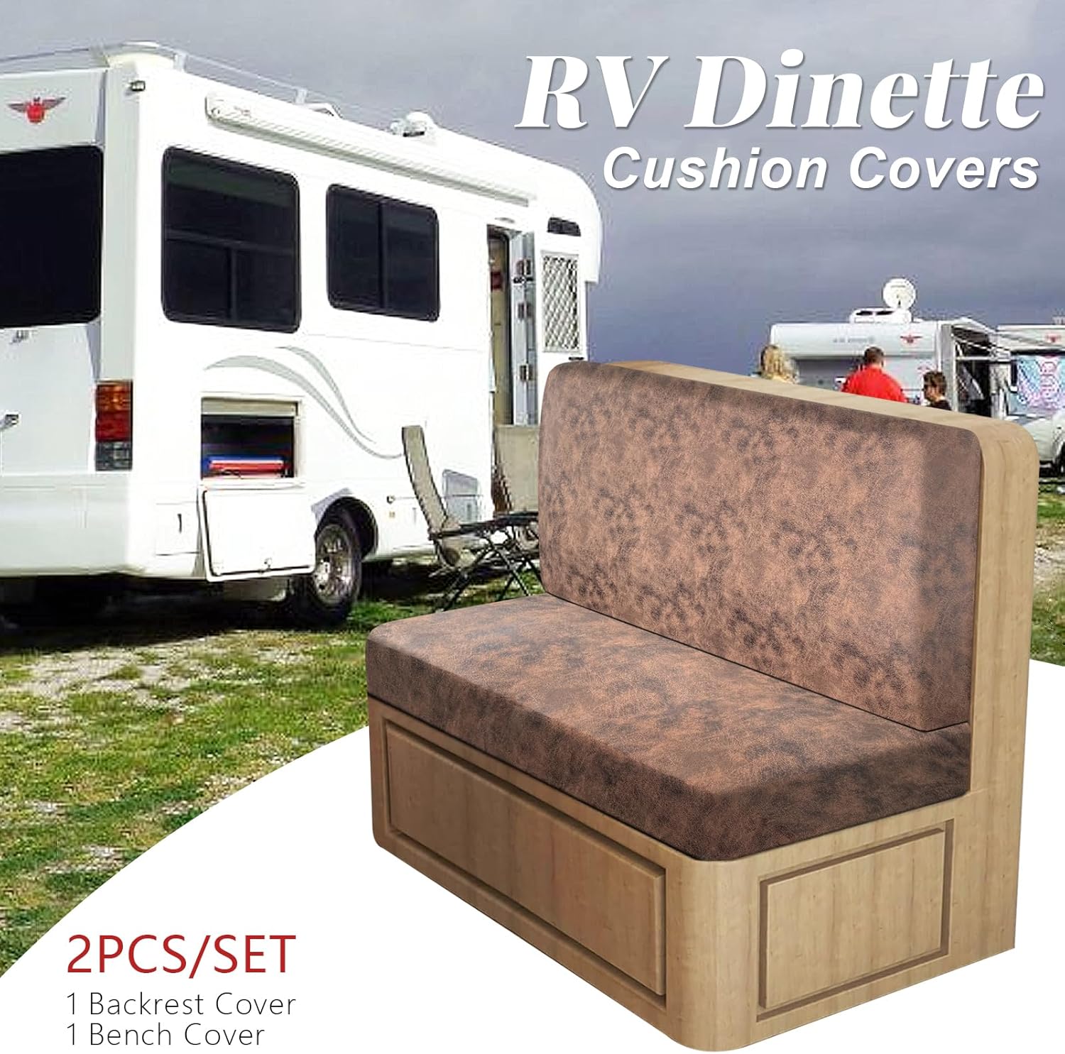 Leather Look RV Dinette Cushion Covers, Stretch Camper Cushion Slipcovers for Travel Trailer Couch RV Booth Seat, Replacement Camper Sofa Chair Protector (1 Backrest Cover & 1 Bench Cover,Light Brown)