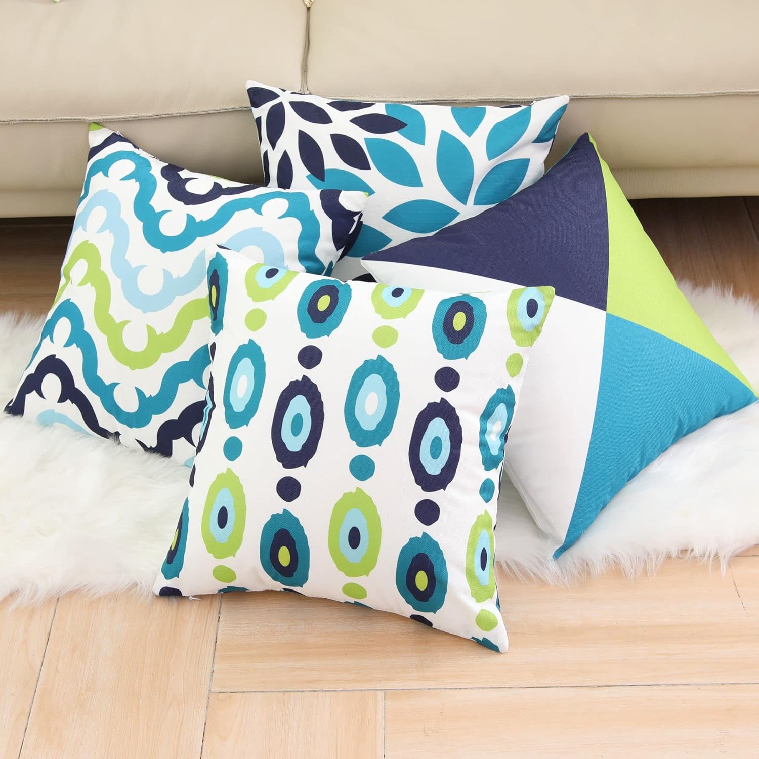 Decorative Green Blue Abstract Throw Pillow Covers 18 x 18 Inch Set of 4, Geometric Cotton Linen Outdoor Cushion Cover Square Pillowcase for Car Sofa Couch Home Decor 45*45CM/18*18 inch Geometric Abstract B
