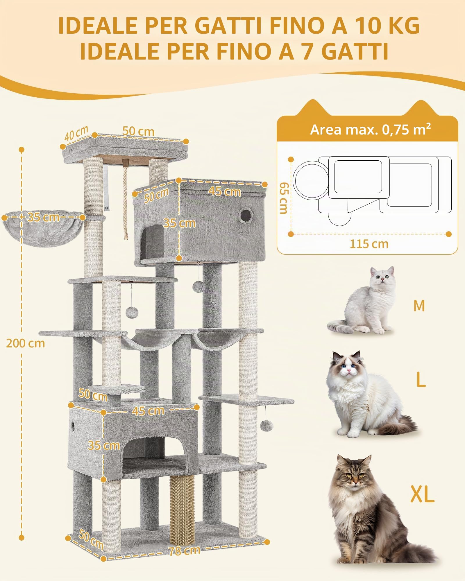 Hzuaneri Albero Gatto 200 cm Extra Large, Tiragraffi con 2 Cucce e 10 Sisal, Torre Resistente per Gatti Grandi Maine Coon, Include 2 Amache, Grigio Chiaro MS20018LG