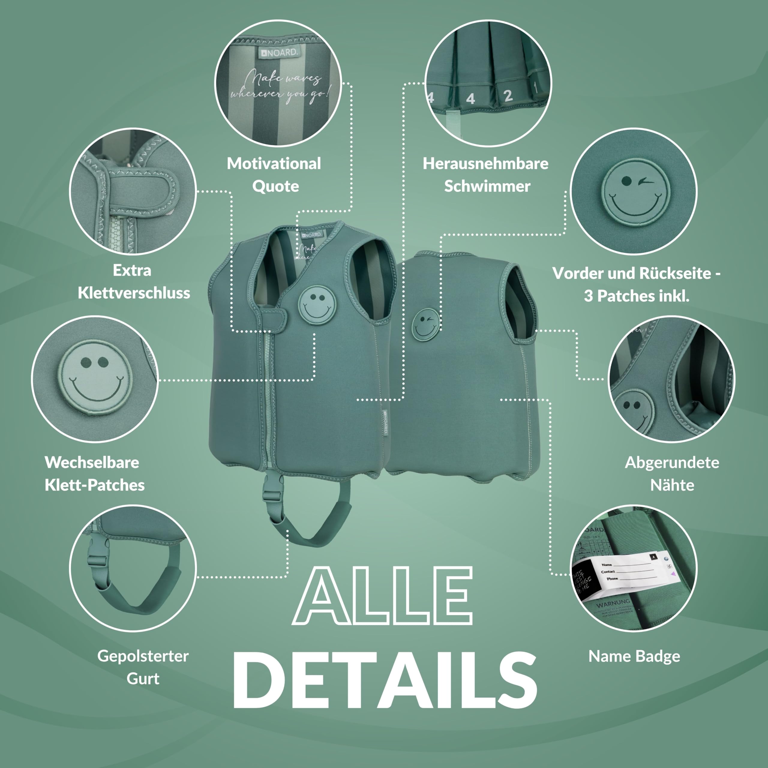 NOARD Kinder Schwimmweste (2-6 J. / 15-30 kg) Schwimmhilfe mit Schrittgurt | Wechsel-Patches für hohen Tragespaß | EN 13138-1:2021 | 8 herausnehmbare Schwimmkörper | weiches Neopren | Schwimmlernhilfe