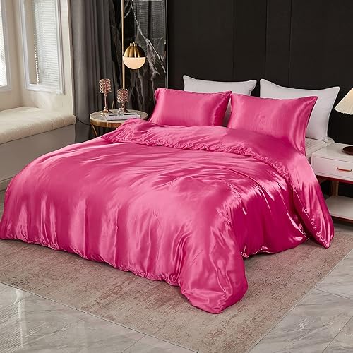 Juego de funda de edredón de satén similar a la seda color rosa intenso suave y ligero funda de edredón de satén de poliéster sexy juego de ropa de