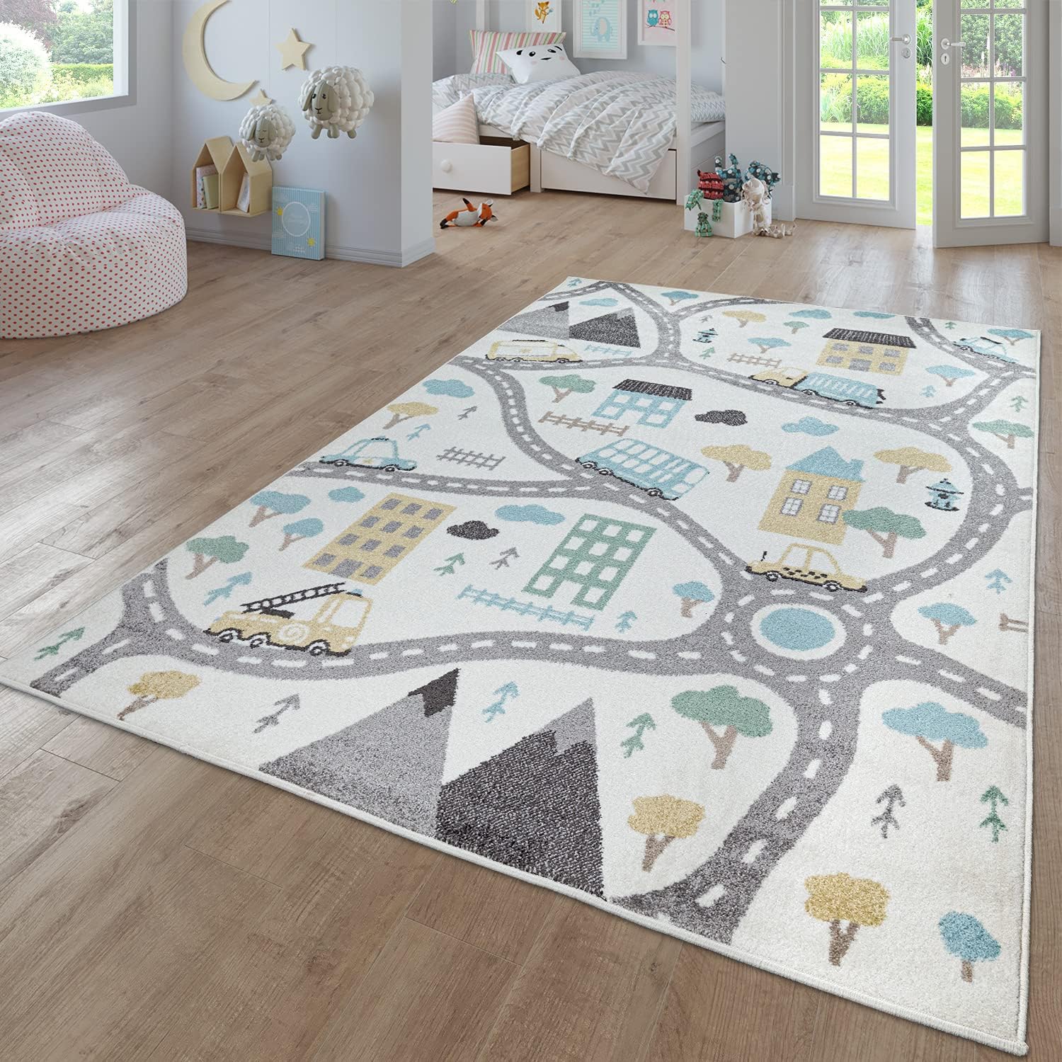 Kids Rug for Nursery with Town Streets and Cars Motif in Pastel Cream, Size: 5' x 7'