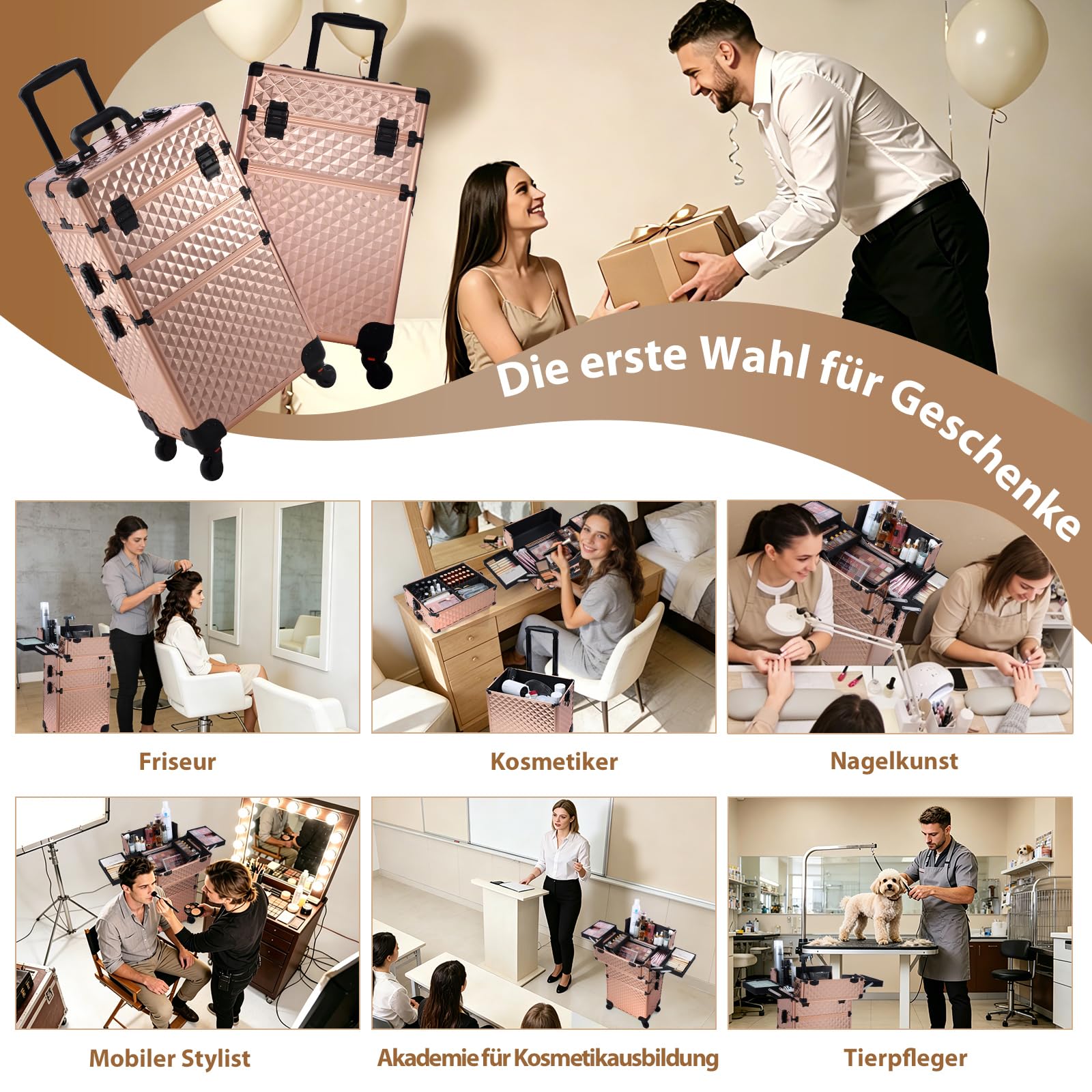 Kosmetik Trolley 3-in-1 Make up Koffer Kosmetikkoffer Schminkkoffer Groß Friseurkoffer mit Rollen Beauty Case Nagelkoffer Multikoffer, Rosegold