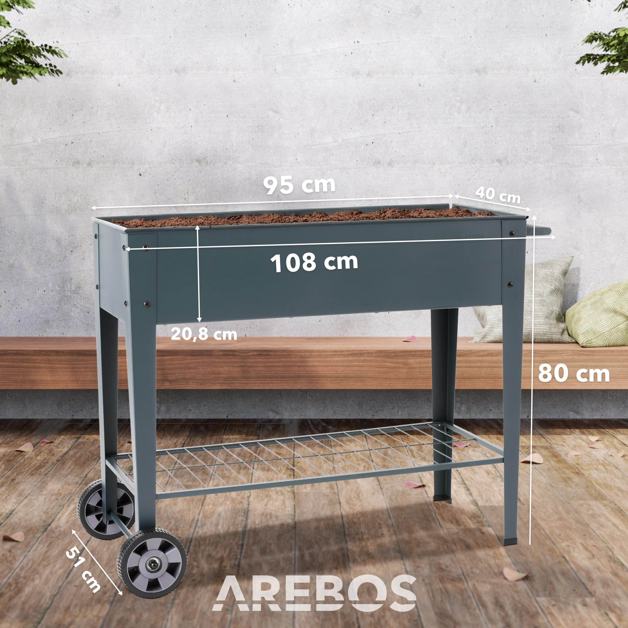 AREBOS Aiuola Rialzata con Ruote e Ripiano 108×51×80 cm | Fioriera da Giardino e Balcone | Orto Rialzato per Verdure e Erbe | Ideale per Terrazzo
