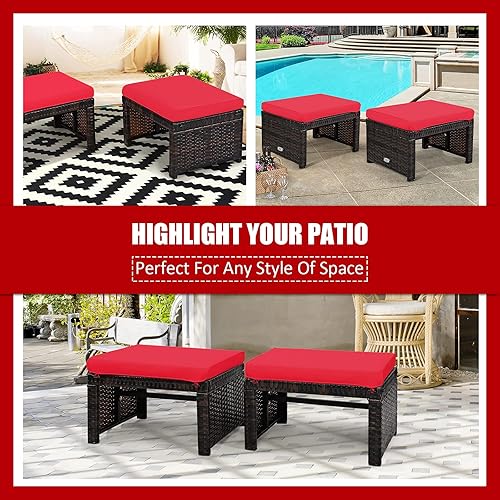 Miniatura 10 de Tangkula 2 otomanas de ratán para patio, reposapiés para todo tipo de clima, asiento para exteriores con cojín suave, cremallera oculta, esponja de