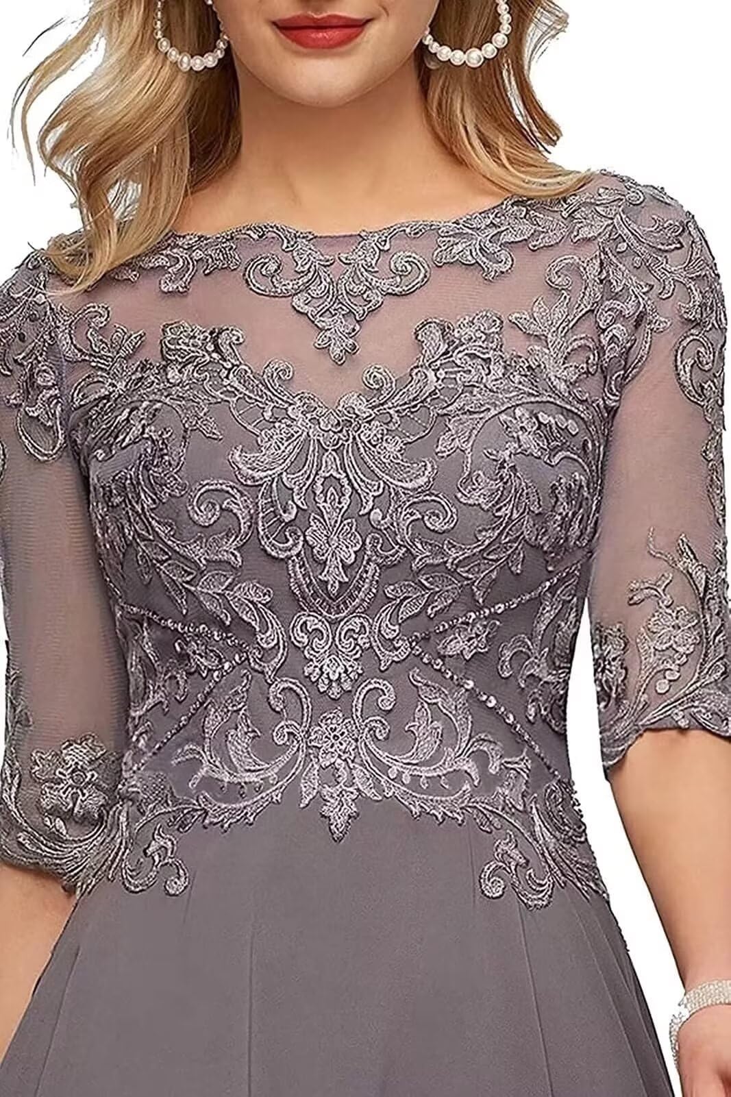 Sincemeet Abito da Madre della Sposa in Chiffon di Pizzo da Donna Abito da Sera Formale con Maniche a 3/4 Un Abito da Ballo di Linea