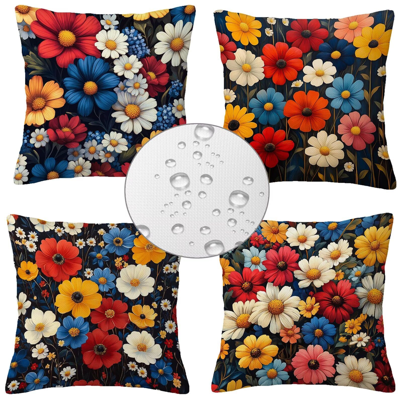 Nordic Outdoor Wodoodporne Poszewki Na Poduszki 60 x 60 cm Zestaw 4 Kwadratowych Len Dekoracyjna Poszewka Na Poduszkę Na Sofę Taras Krzesło Ogrodowe Dekoracyjne Poduszki (Kwiat) L-O11