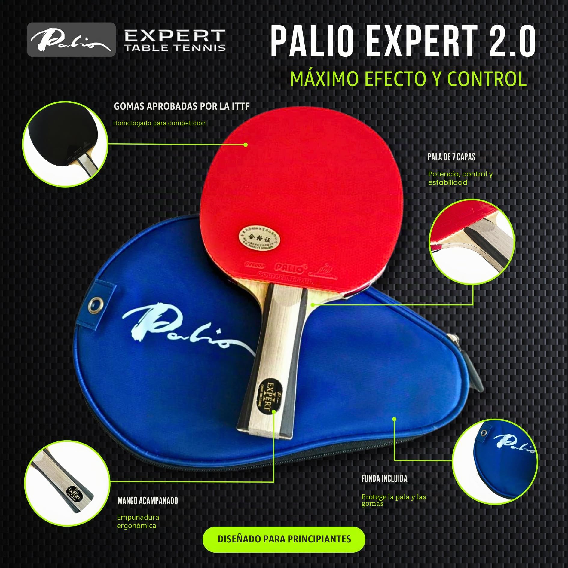 Palio Expert 2.0 - Pala de Tenis de Mesa y Estuche | Raquetas de Ping Pong de Alto Rendimiento aprobadas por la ITTF para Principiantes | Máximo Giro y Control