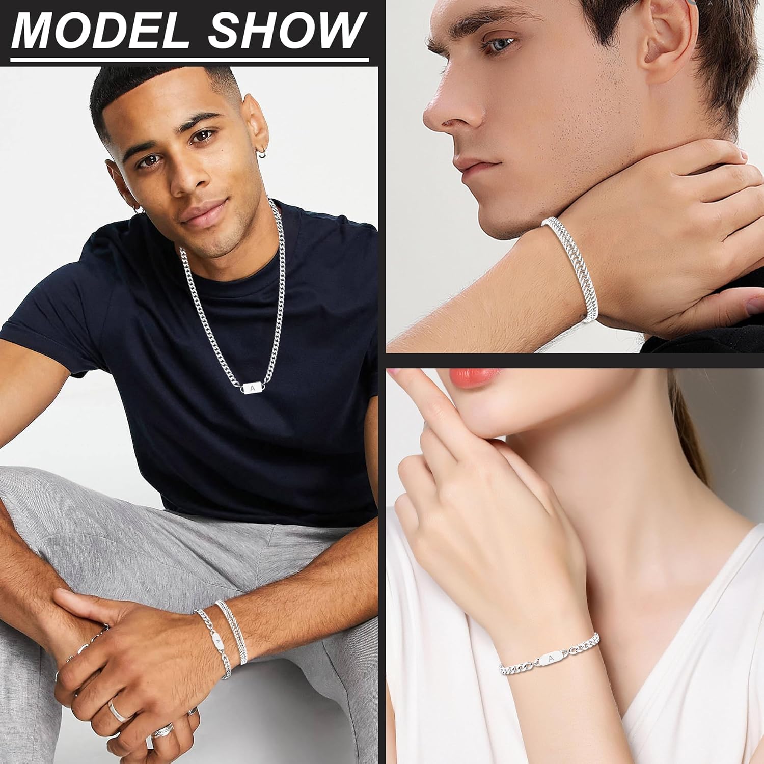 3PCS Initial Letter Cuban Necklace Bracelet, A-Z Letter Pendant Stainless Steel Silver Gold Black Cuban Link Chain for Men Women Jewelry Set for Him Her - Image 5