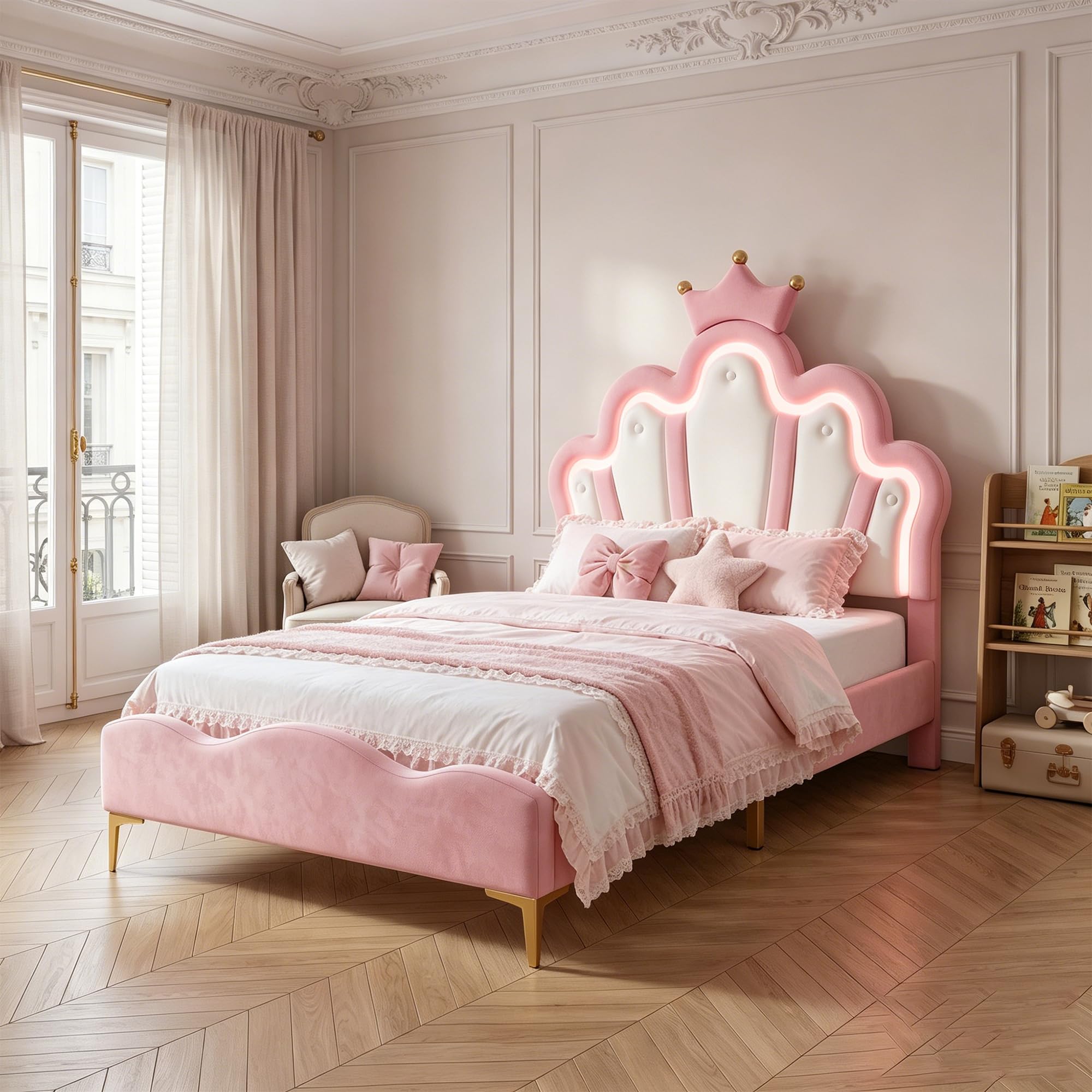 Cama infantil niña 90 x 200 cm, cama princesa con iluminación LED, cabecera de cama ajustable en altura en forma de corona, camas de 1 plaza acolchadas para niña adolescente, somier de láminas, PU