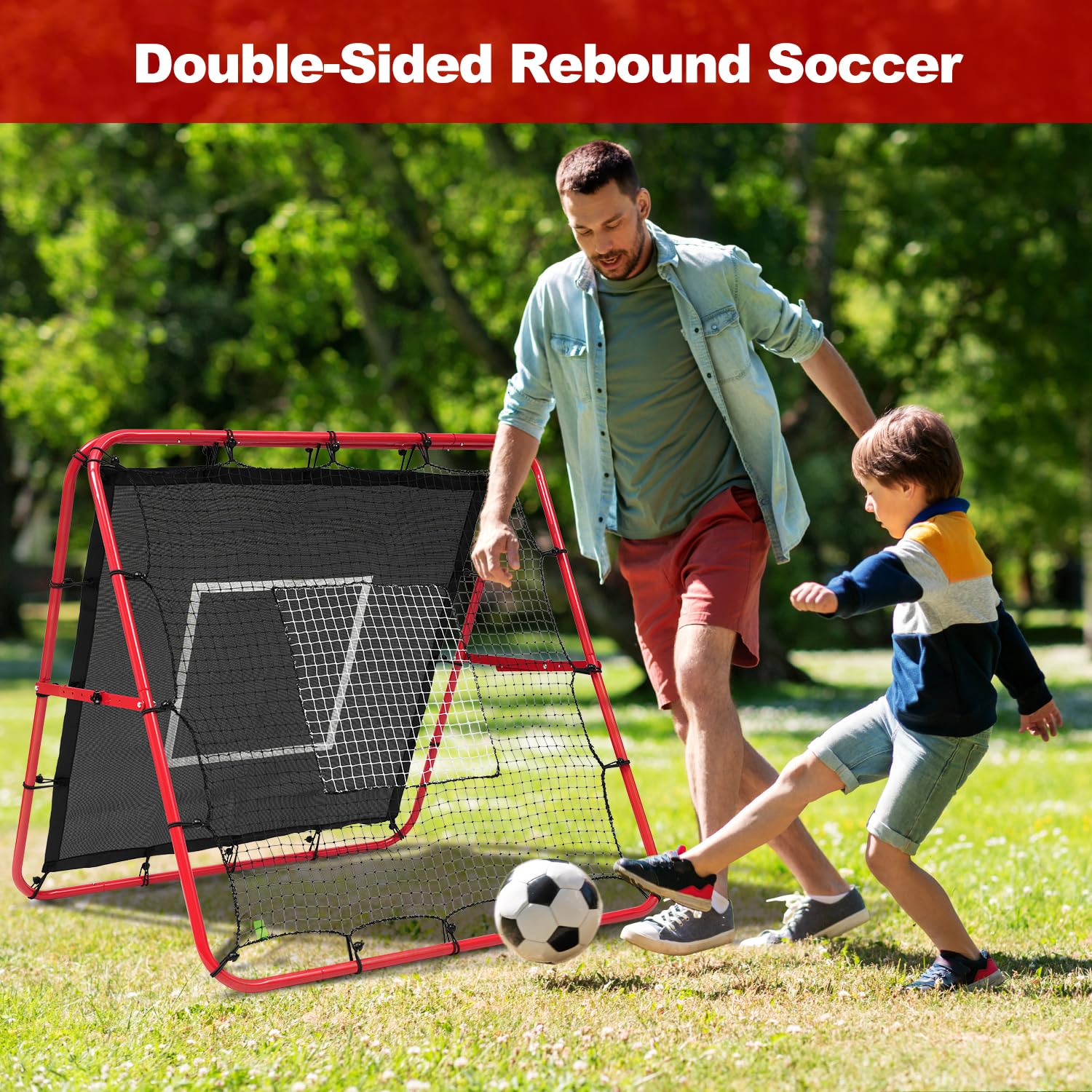 BAGAIL Rete Rebounder Doppio Lato, Pali Dipinti Rinforzati, Angoli Regolabili, Struttura Foderabile, Rete Rebound con Target per Allenamento Abilità, Obiettivi Calcio Portatili per Giardino